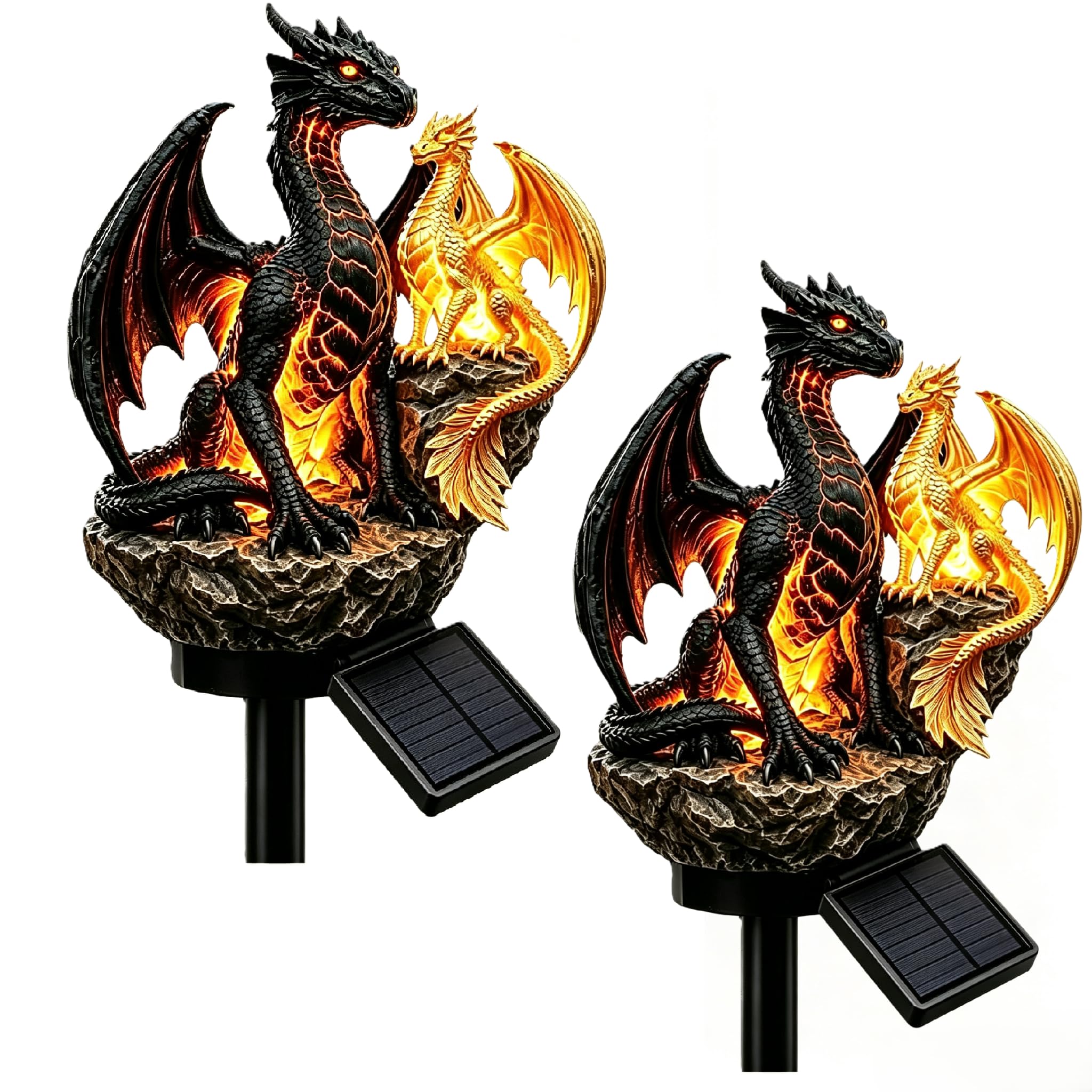 Solar Dragon Garden Statue with Solar LED Lights, Dragon Solar Lights Outdoor Garden, Waterproof Resin Dragon Figurine, Outdoor Garden Decoration for Lawn, Fantasy Gift for Dragon Lovers (2pcs-B)