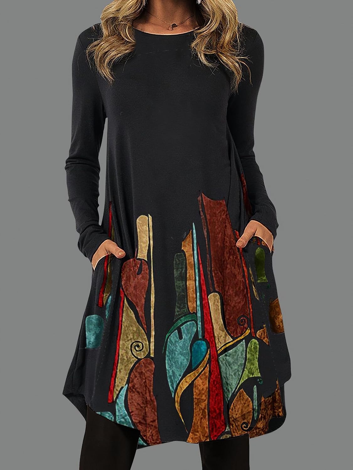 Akivide Women’s Ethnic Style Floral Printed Long Sleeve Maxi Dress Fall Casual Loose Crewneck Dresses with Pocket for Women - Image 2