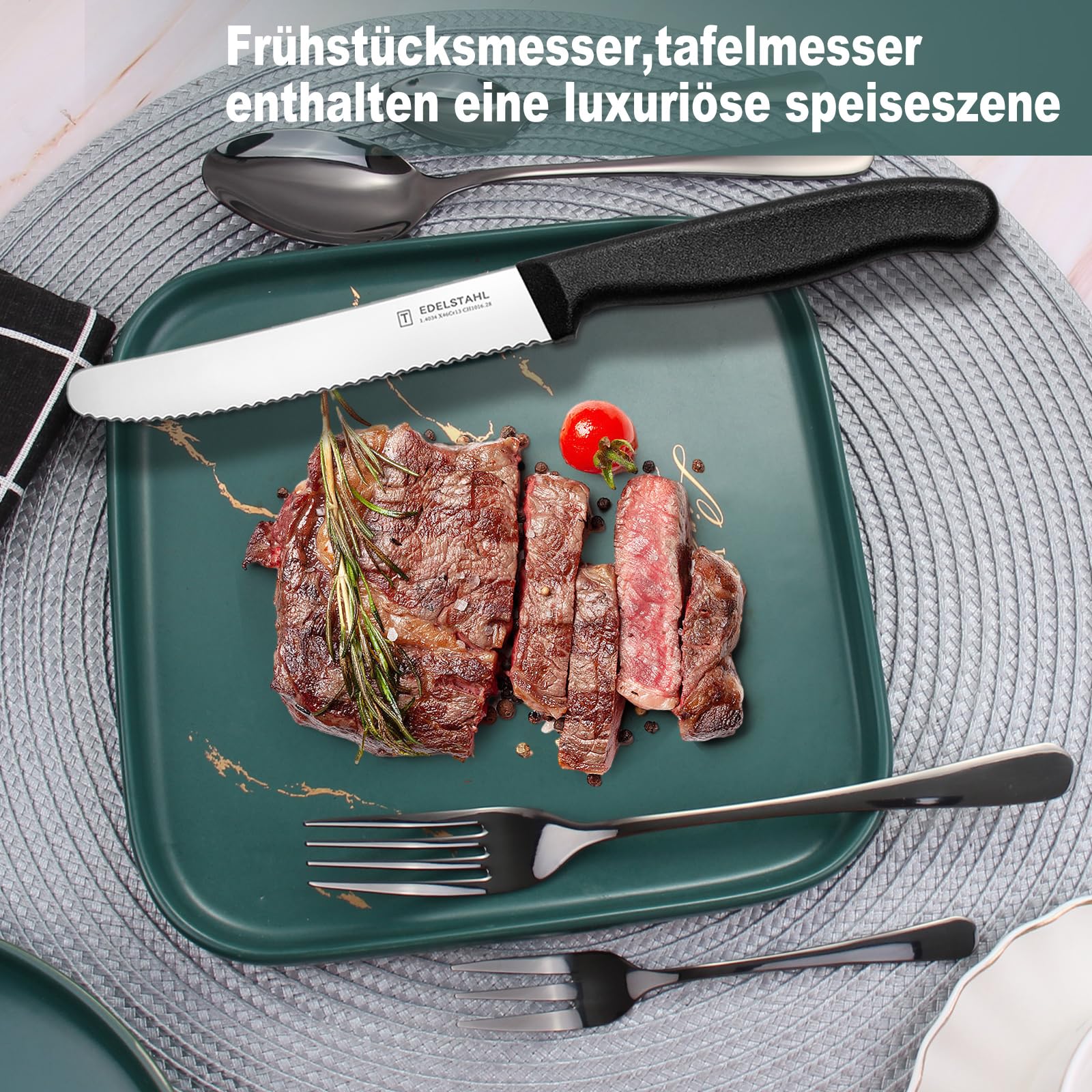 Besteck Set 6 Personen,Targzier 36 teiliges Edelstahl Besteckset mit Frühstücksmesser,Hochwertiges Essbesteck,Messer Gabel Löffel für Familie/Party/Hotel,Schwarzes&Spülmaschinenfest Bestecksets