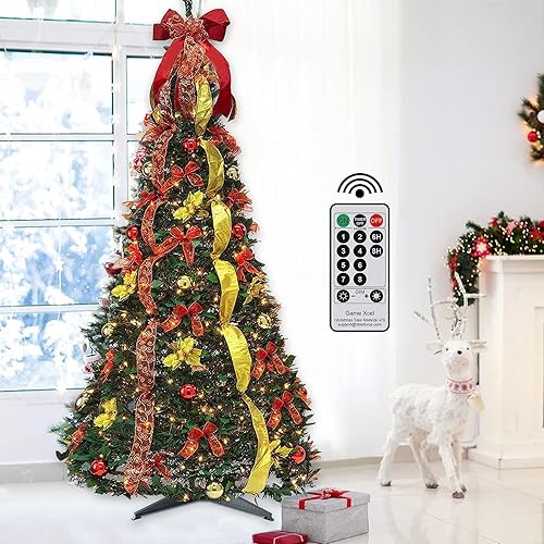 Miniatura 10 de Árbol de Navidad desplegable preiluminado de 6.5 pies con luces y control remoto, árbol de Navidad completamente predecorado plegable con adornos de