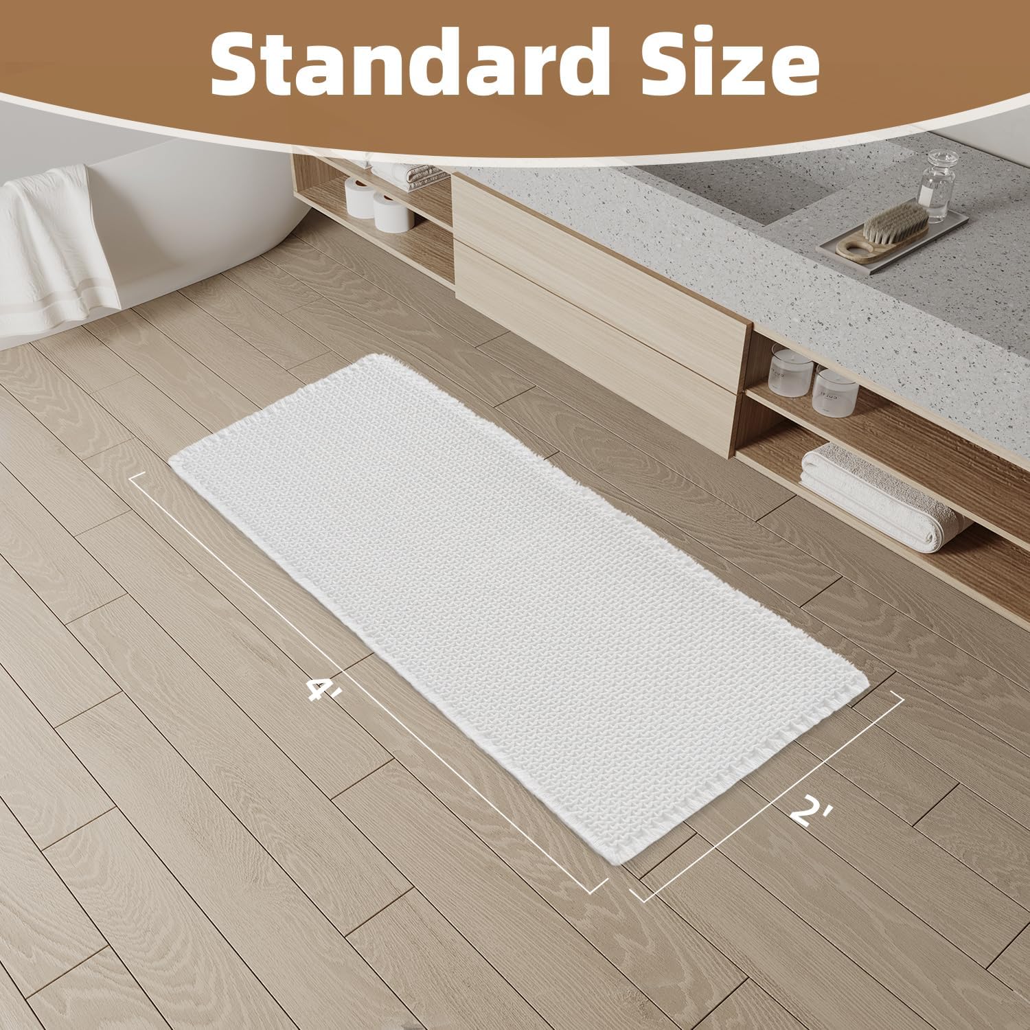 Checkered Bath Mat Runner, Super Absorbent Non Slip Bathroom Runner Rug Modern Woven Washable Runners for Hallways Entryway Bedroom Laundry Room Kitchen Under Sink, 2' x 4', White