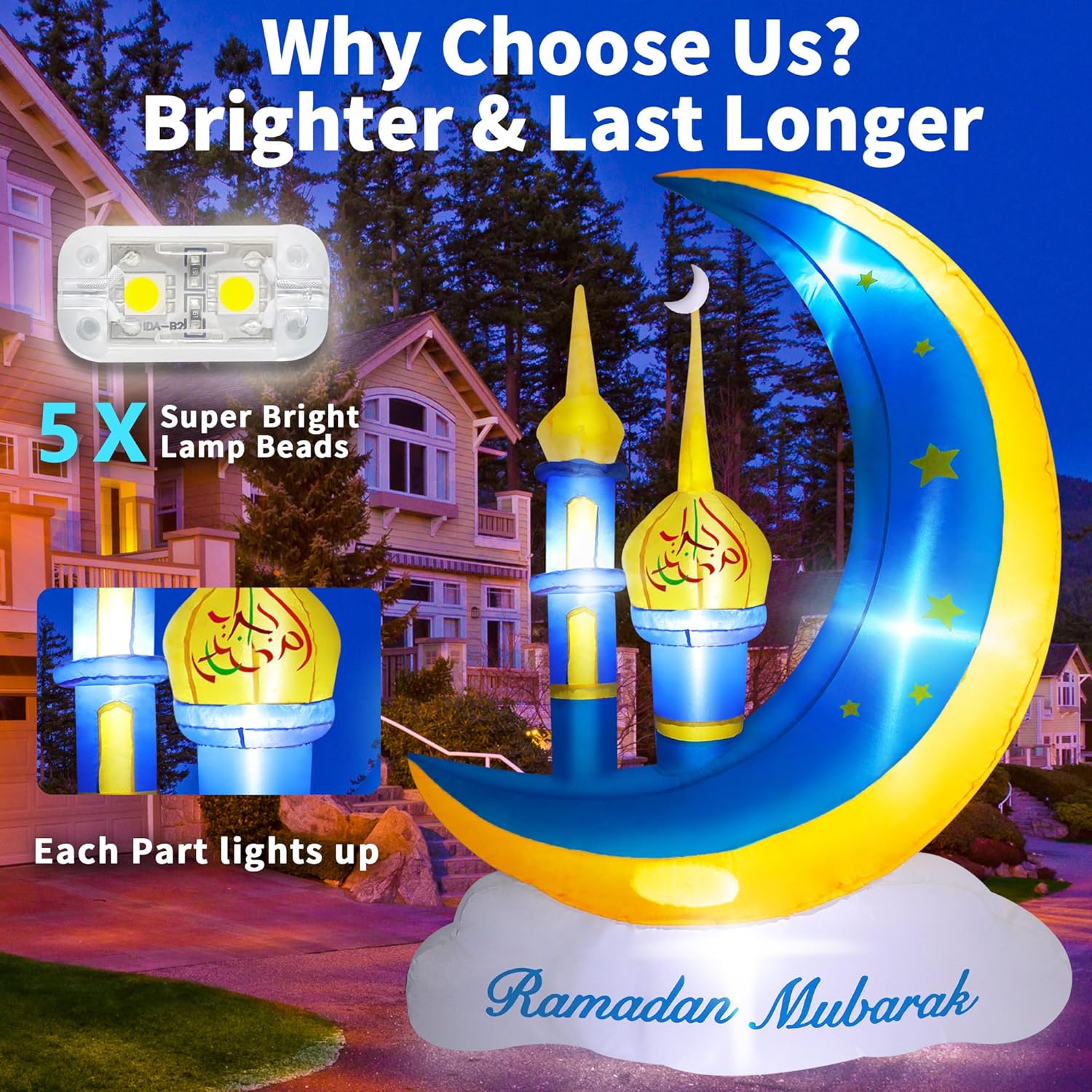 5FT Ramadan Decorations Inflatable Outdoor, Ramadan Mubarak & Eid Mubarak Moon Cloud Star Mosque Decor with Built-in LED Lights, Muslim Islamic Blow Up for Home Yard Garden Party Lawn - Image 4