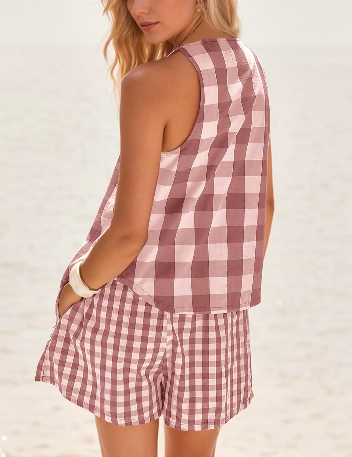 Women Summer Gingham Two Pieces Set Plaid Button Front Sleeveless Tank Top Matching Shorts Set Vacation Outfits - Image 2