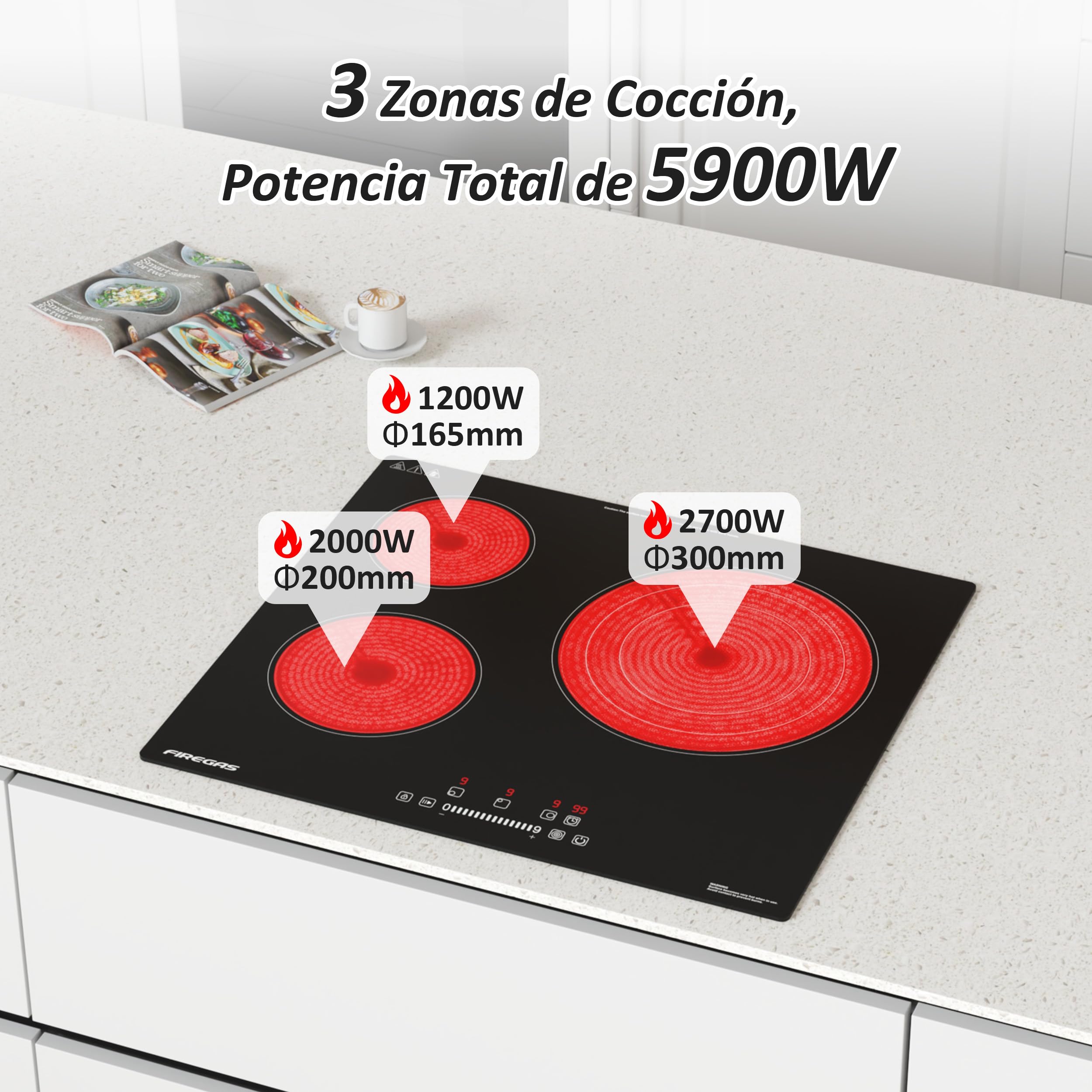 FIREGAS Placa Vitrocerámica Encastrable de 60 cm, 3 Fuegos, 5900 W, Control Táctil, 9 Niveles de Potencia, Temporizador y Bloqueo Infantil
