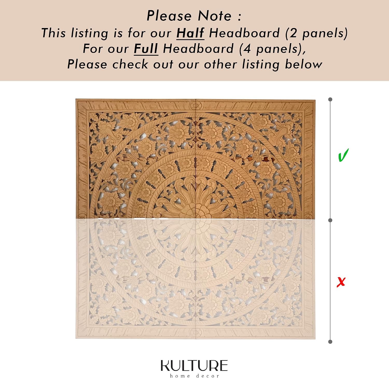 Natural Carved Wood Headboard Panels, Queen/King Size, Wall Mounted Bed Back Panel, Hand Carved Mandala Boho Design, Two Panels, Engineered Wood, Bedroom Wall Decor, Made in Bali Indoor