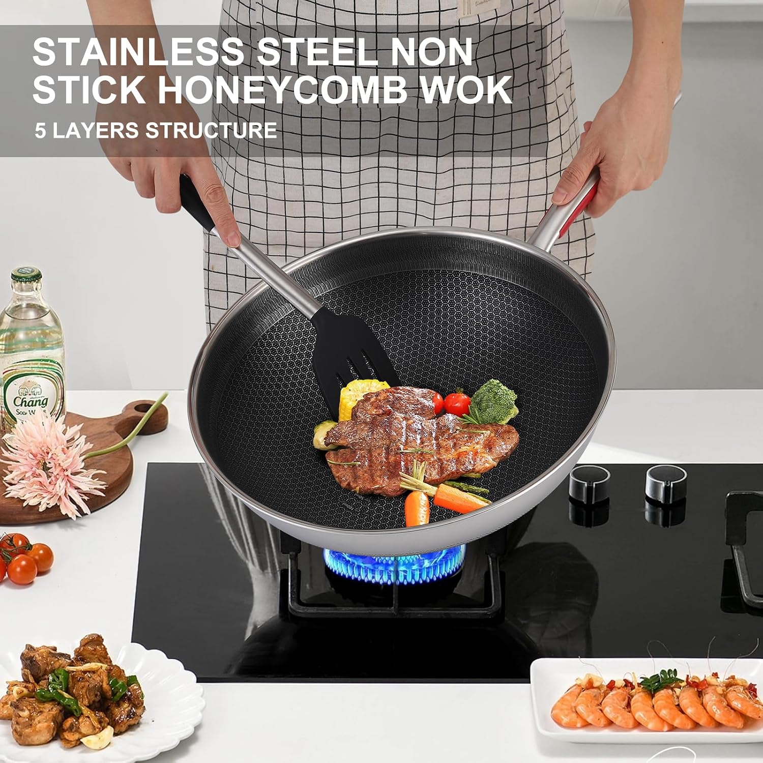 Panal Pan Wok Pan de acero inoxidable de 13 pulgadas con revestimiento ...