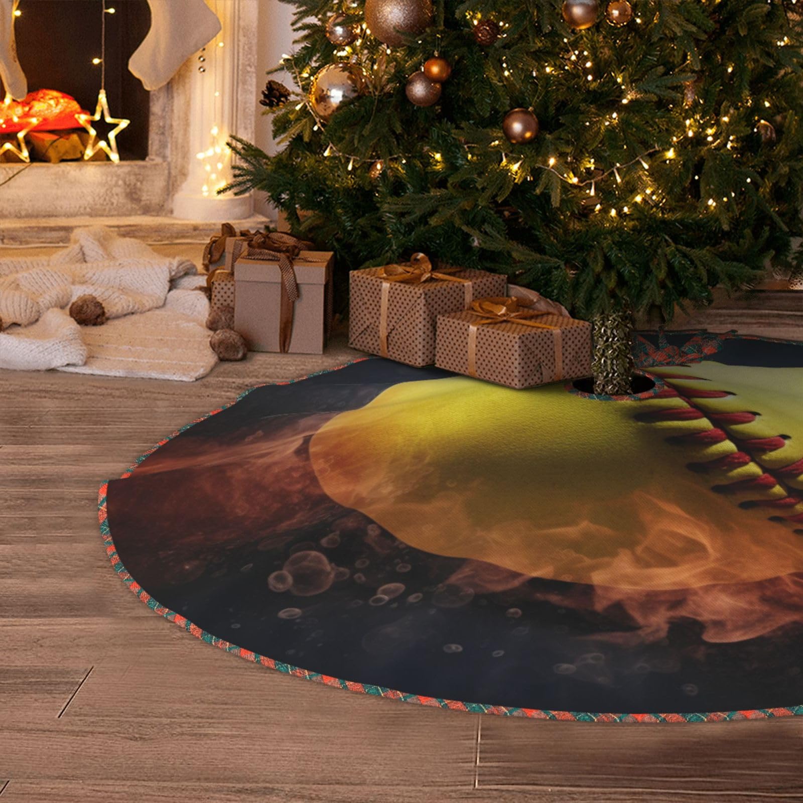 Softball Christmas Tree Skirt 48" Artificial Tree Mat Cover Merry Christmas Burlap Xmas Tree Skirt for Christmas Decoration Holiday Indoor Outdoor Winter Party Decor