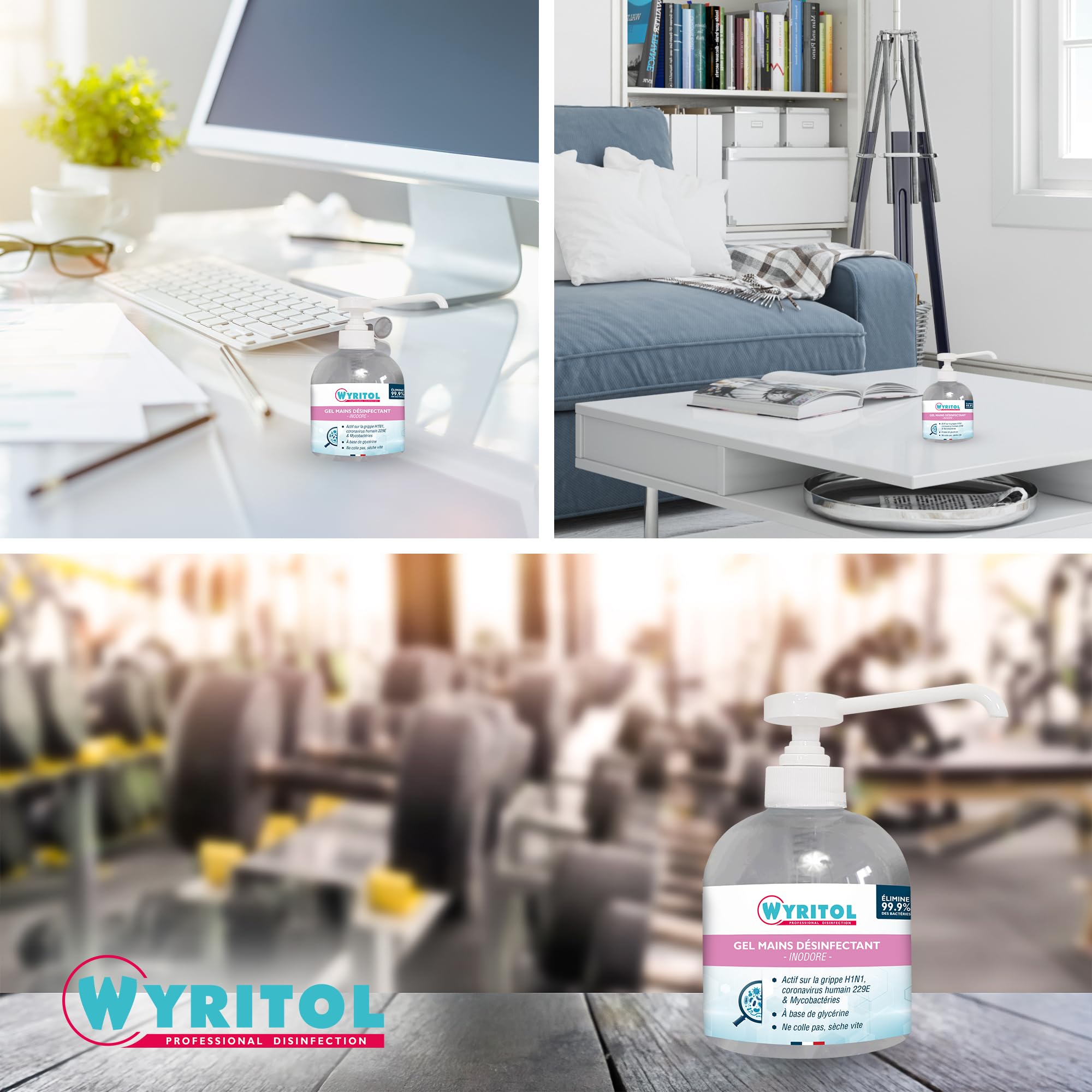 WYRITOL - Gel Hydroalcoolique Inodore - Désinfectant Mains Sans Rinçage - Formule Spéciale Peaux Sensibles Enrichie à la Glycérine - Fabrication Française - Flacon Pompe 300 ml