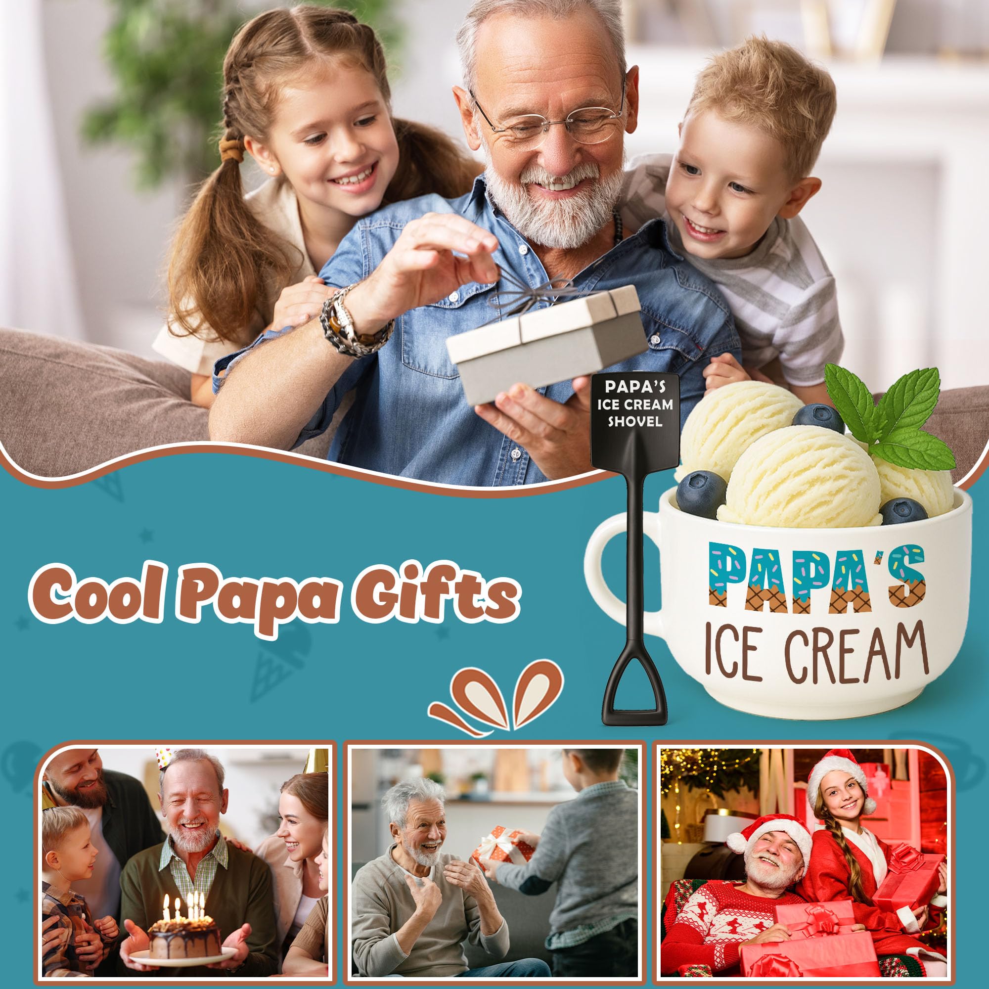 Funny Papa Gifts for Fathers Day from Granddaughter, Cool Birthday Grandparents Day Gift for Papa Grandpa from Grandkids Grandson, Novelty Papa's Ice Cream Bowl Presents Set