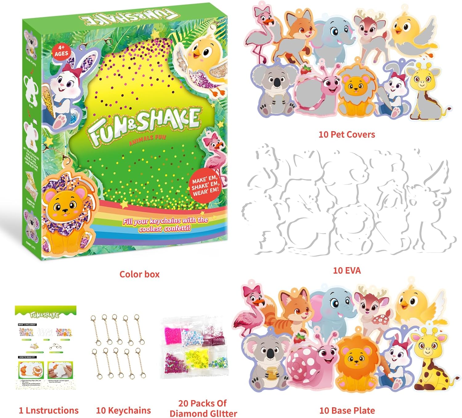 Artnedu Shake-its– Fun&Shake Kit de artesanato com Glitter para crianças, artes e artesanato de animais DIY com chaveiros,Creative Gift for Girls & Boys Ages 4, 5, 6, 7, 8, 9, 10