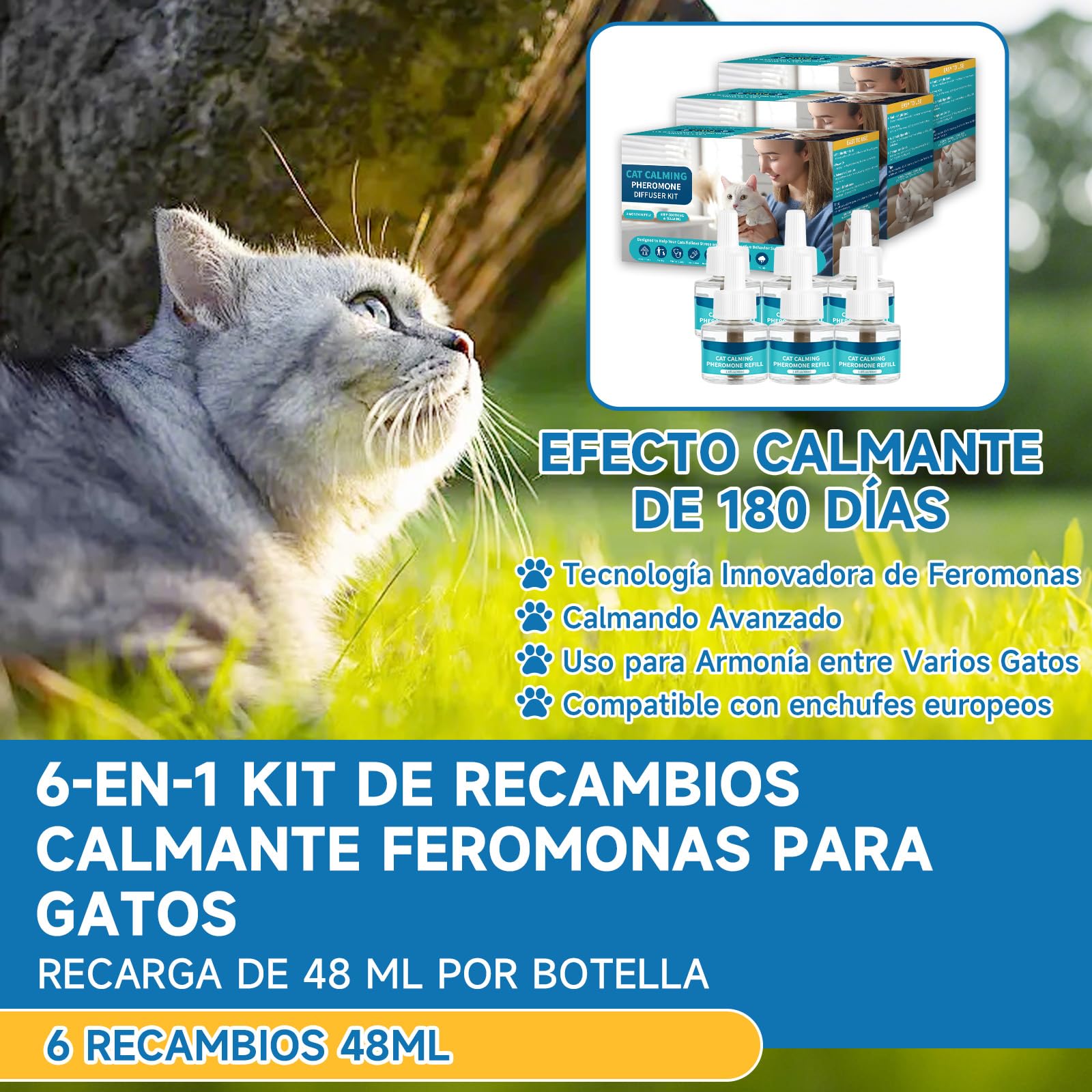 VICSOM 6 Recambios Calmante Feromonas para Gatos, Compatible con Difusores Comunes, Kit Difusor Feromonas Gatos 180 Días para Estrés, Relajación y Ansiedad, para Gatos y Gatitos (48 ml por Recarga)