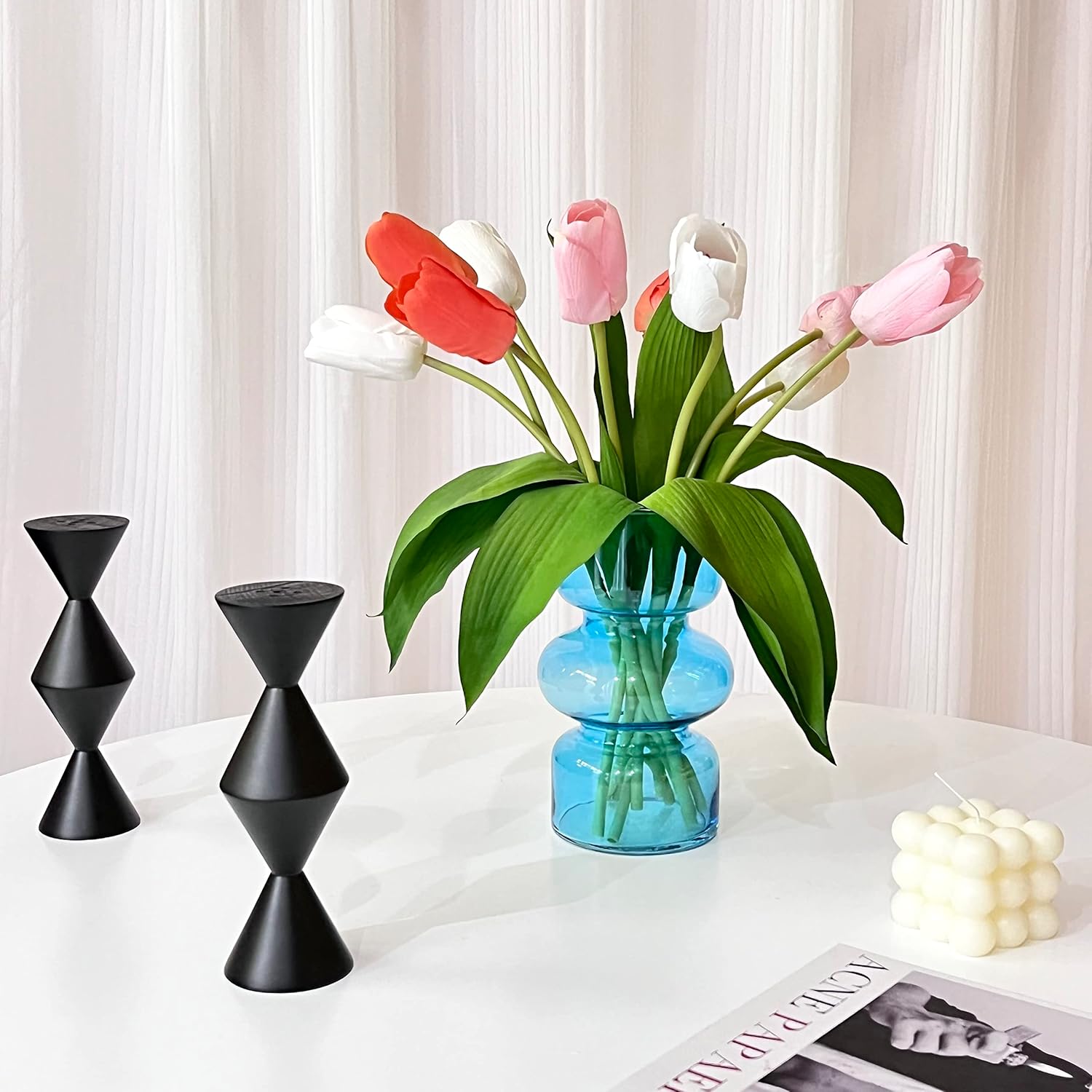 BLOFLO Blue Transparent Glass Hydroponic Vase, 7Inches Colored Glass Vase for Flower, Modern Geometric Three-Layer Floral Vases for Home Office Wedding Table Décor(Blue) - Image 3