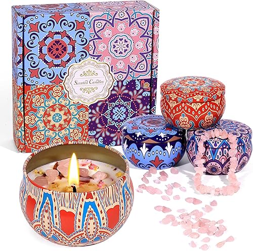 Juego de 4 velas perfumadas para mujer, paquete de 4 velas de cera de soja natural de 2.2 onzas con cristales, velas de aromaterapia para aliviar el