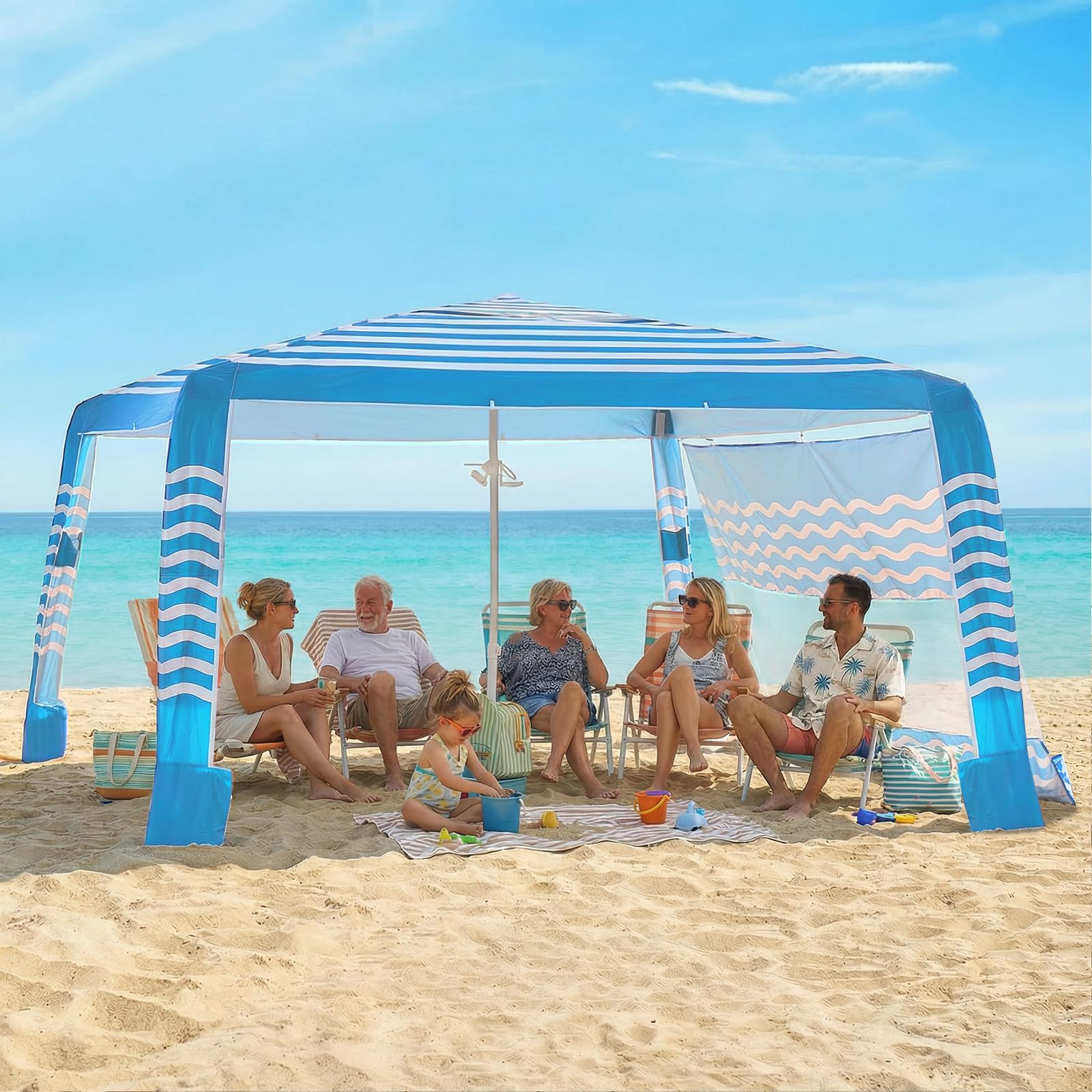 Photo 1 of Zeraty Beach Cabana 8'×8', Portable Beach Canopy with Side Wall, UPF 50+ Silver-Coated Beach Tent Sun Shelter Easy Pop Up, Wind Resistant Adjustable Height Beach Umbrella Tent for Family, Sky Blue