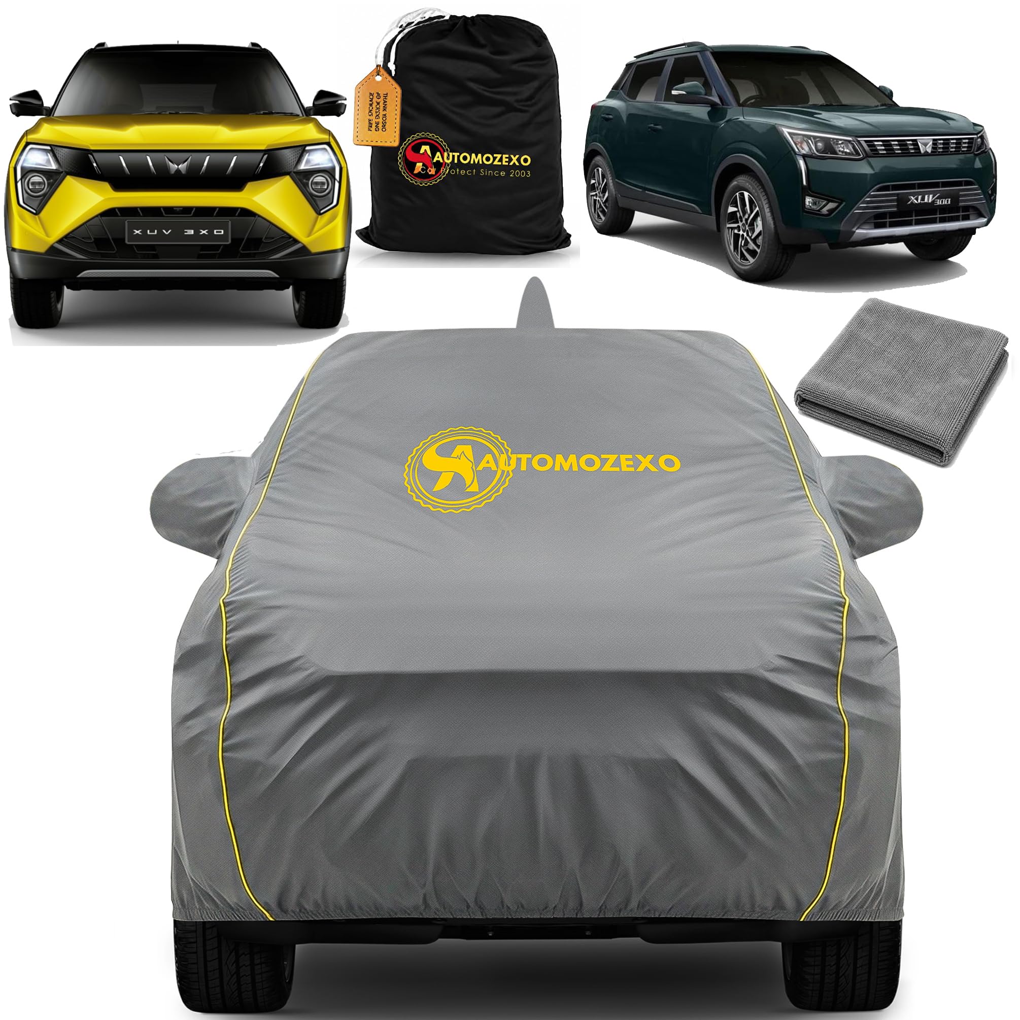 AUTOMOZEXO Mahindra XUV300 Car Cover with Mirror & Antena Pocket Waterproof Inner Cotton Layer Adjustable Belt Bottom Elastic Triple Stitched Cover to Secure fit and Protect from All Climates (Grey)-image-27