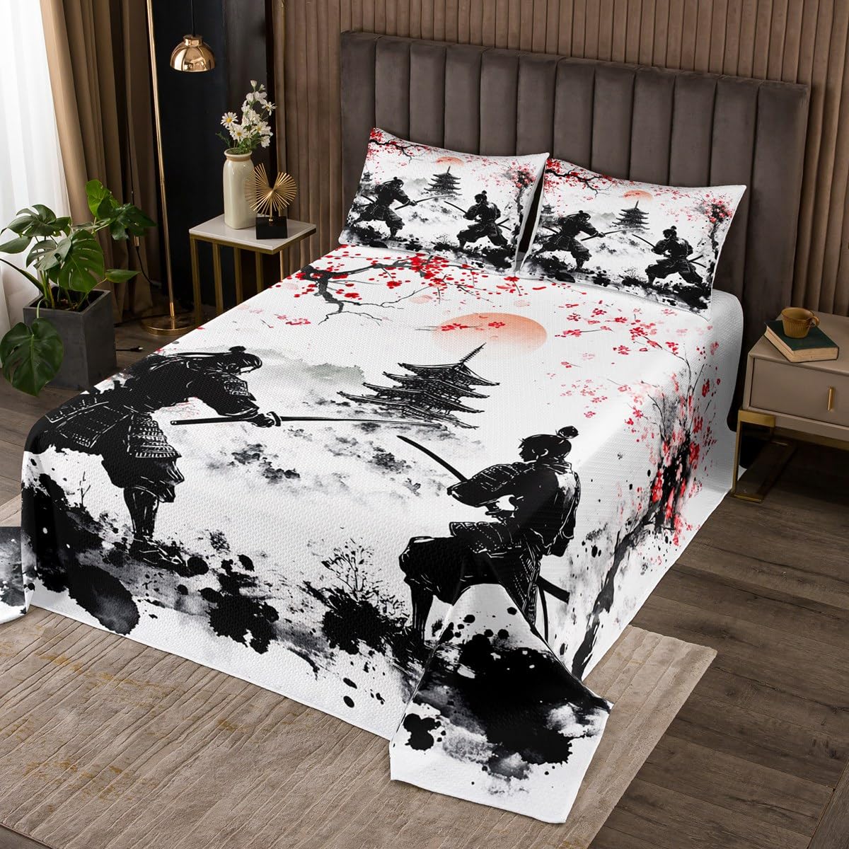 Homemissing Juego de colcha samurai japonesa, tamaño individual, diseño de flores de cerezo, para niños y niñas, decoración de flores de Sakura, colcha acolchada estilo japonés