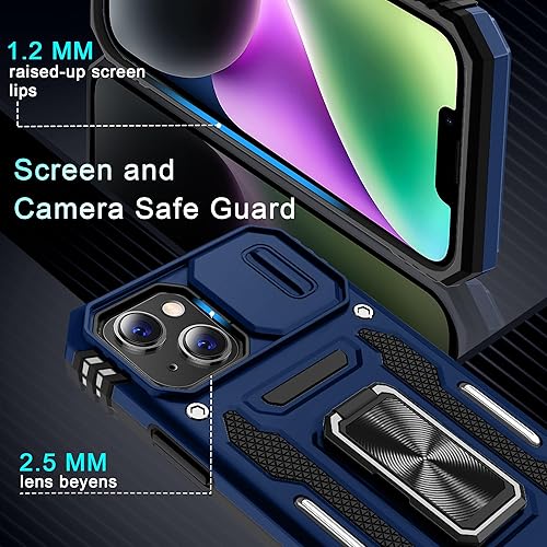 Miniatura 6 de DEERLAMN Funda para iPhone 13, iPhone 14 con cubierta deslizante para cámara + protector de pantalla (2 unidades), soporte de anillo giratorio de