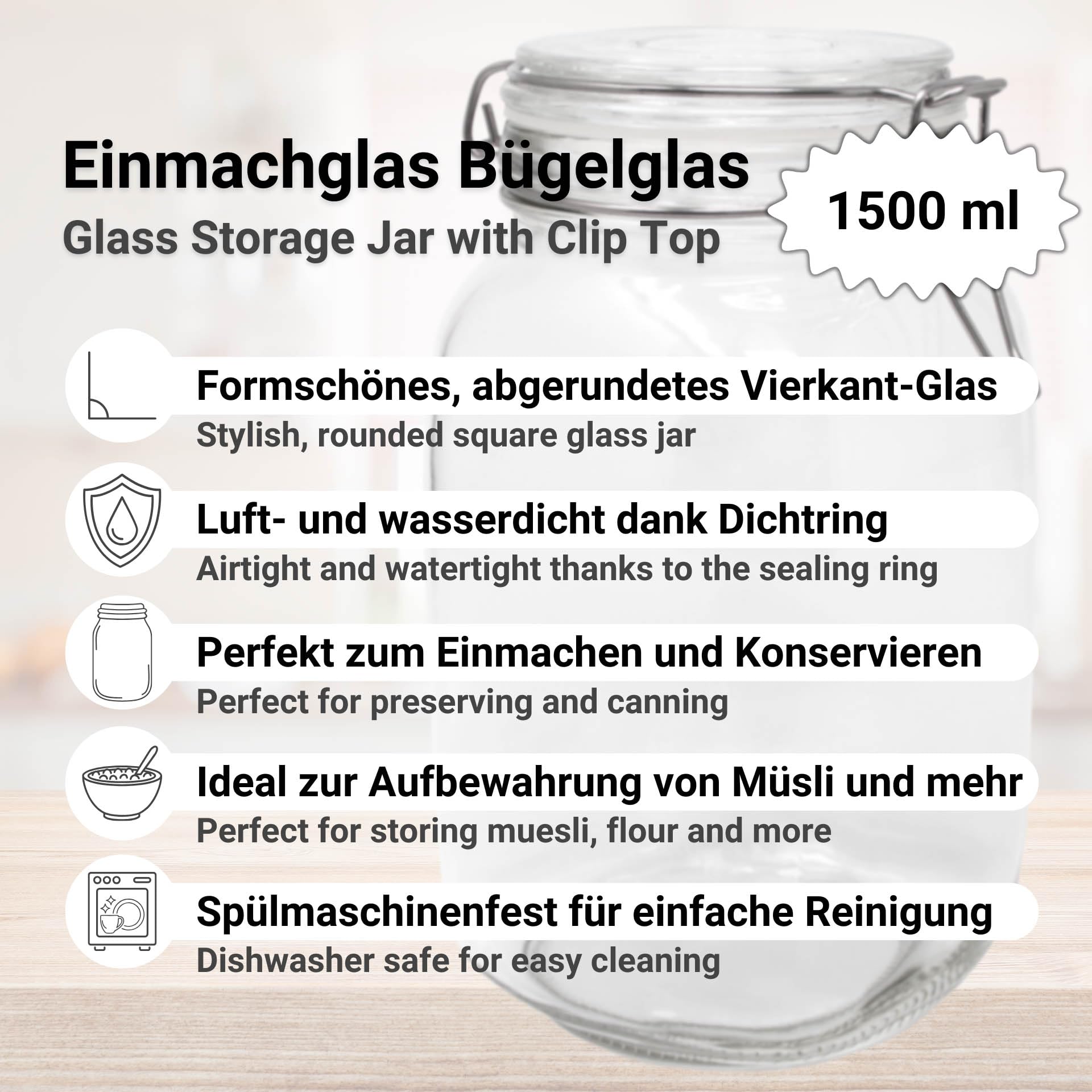 DistrEbution Einmachgläser 1500ml mit Bügelverschluss – 24er Set Drahtbügelgläser für Konservieren, Fermentieren & Einlegen – Luftdichte Vorratsgläser zum Aufbewahren