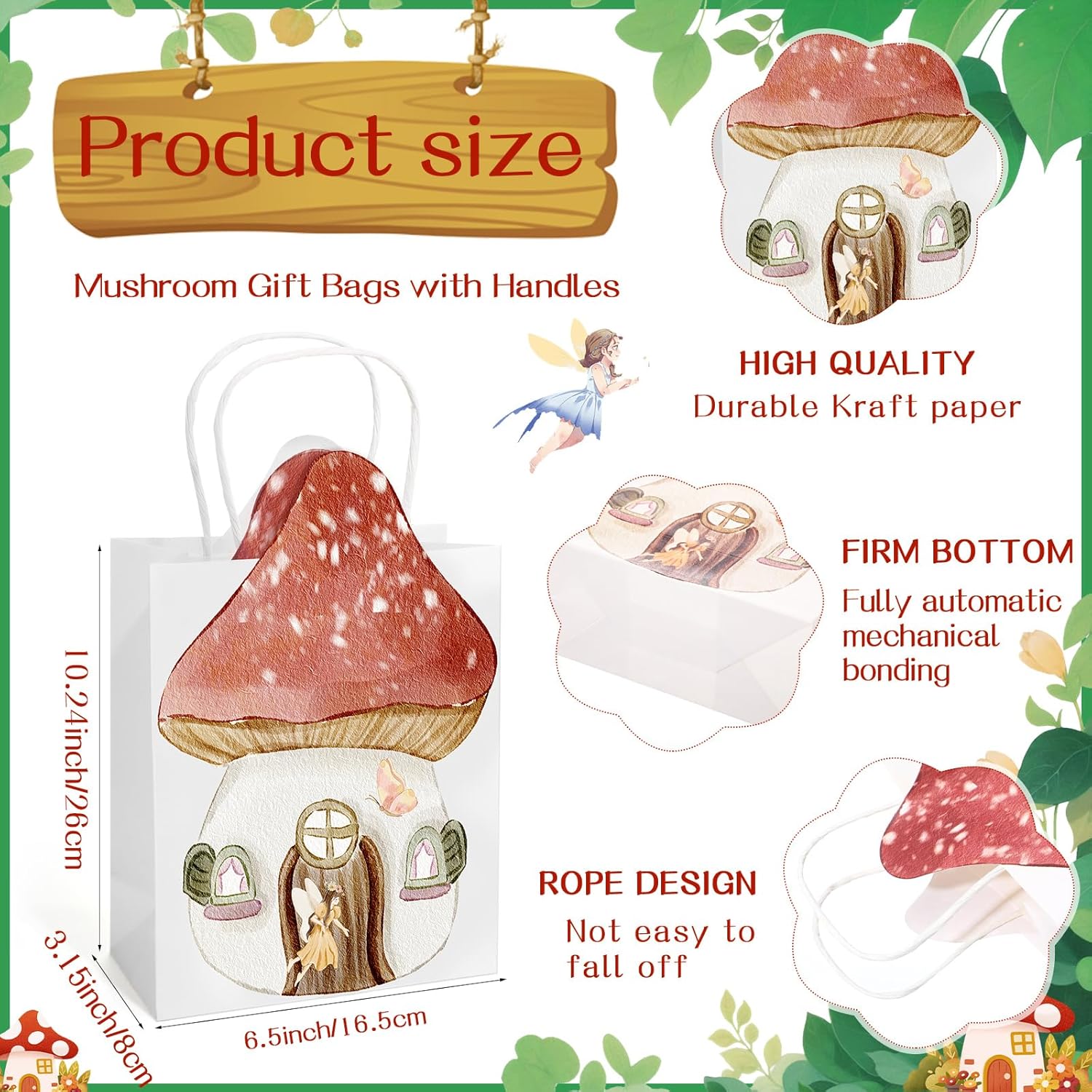 Sweetude 18 Pcs Mushroom Gift Bags with Handles Fairy Party Favors Woodland Mushroom Fairy Goodie Candy Treat Paper Bag for Kids Girls Baby Shower Birthday Party - Image 2