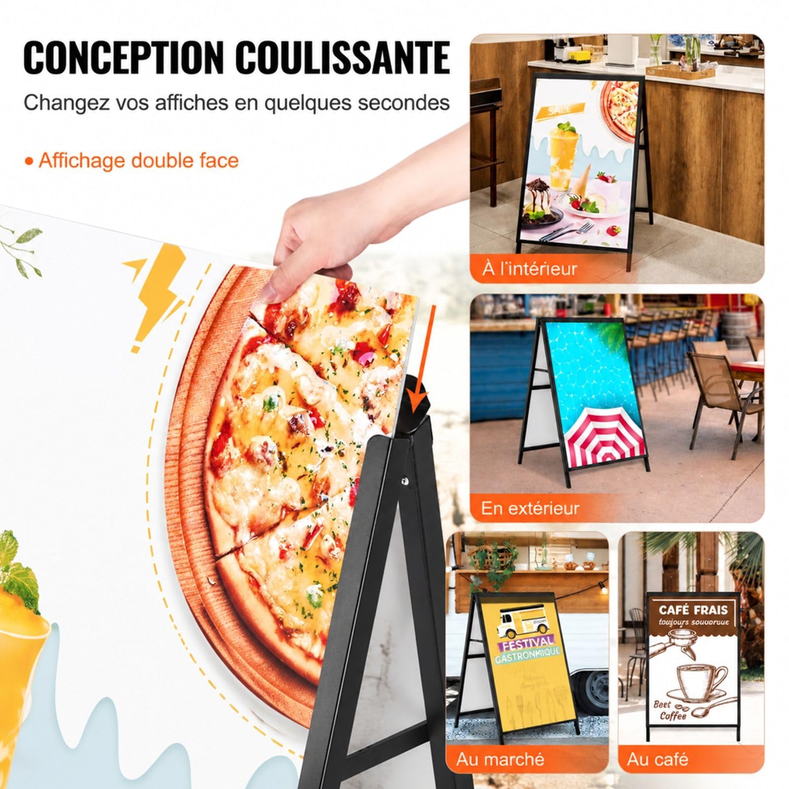 Chevalet stop trottoir double face pliable en acier, porte-affiche portable pour restaurants, bars, cafés et expositions