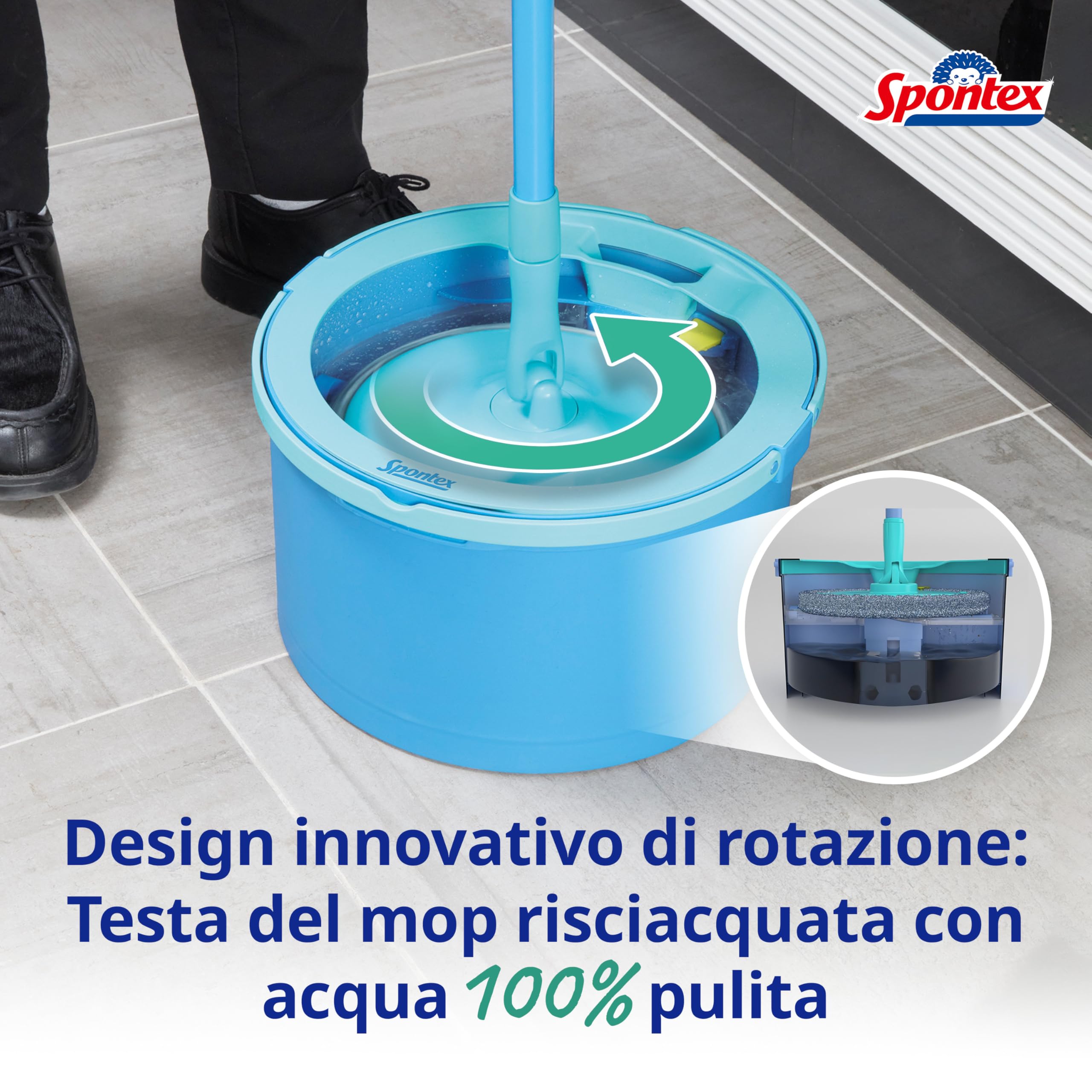 Spontex Aqua Revolution System X'tra Set mop e secchio - Separa l’acqua sporca da quella pulita - Pulisce pavimenti in laminato, legno e piastrelle - Mop piatto con 2 x ricambi in microfibra