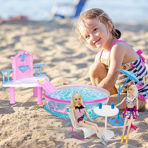 Miniatura 3 de Juego de piscina Glam de lujo, piscina para muñecas con 7 accesorios de piscina, se adapta a muñecas de hasta 12 pulgadas, regalos para niños de 3 a
