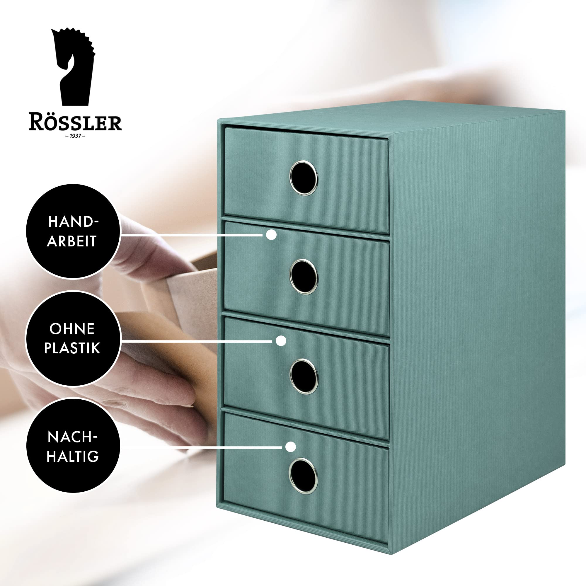 Rössler SOHO 4er Schubladenbox aus Papier | Büro Organizer Schreibtisch | Schubladen Organizer Büro Zubehör & Bürobedarf | Schreibtisch Organizer Box | 18 x 25 x 32 cm | 1 Stück | Farbe: Grün | Opal