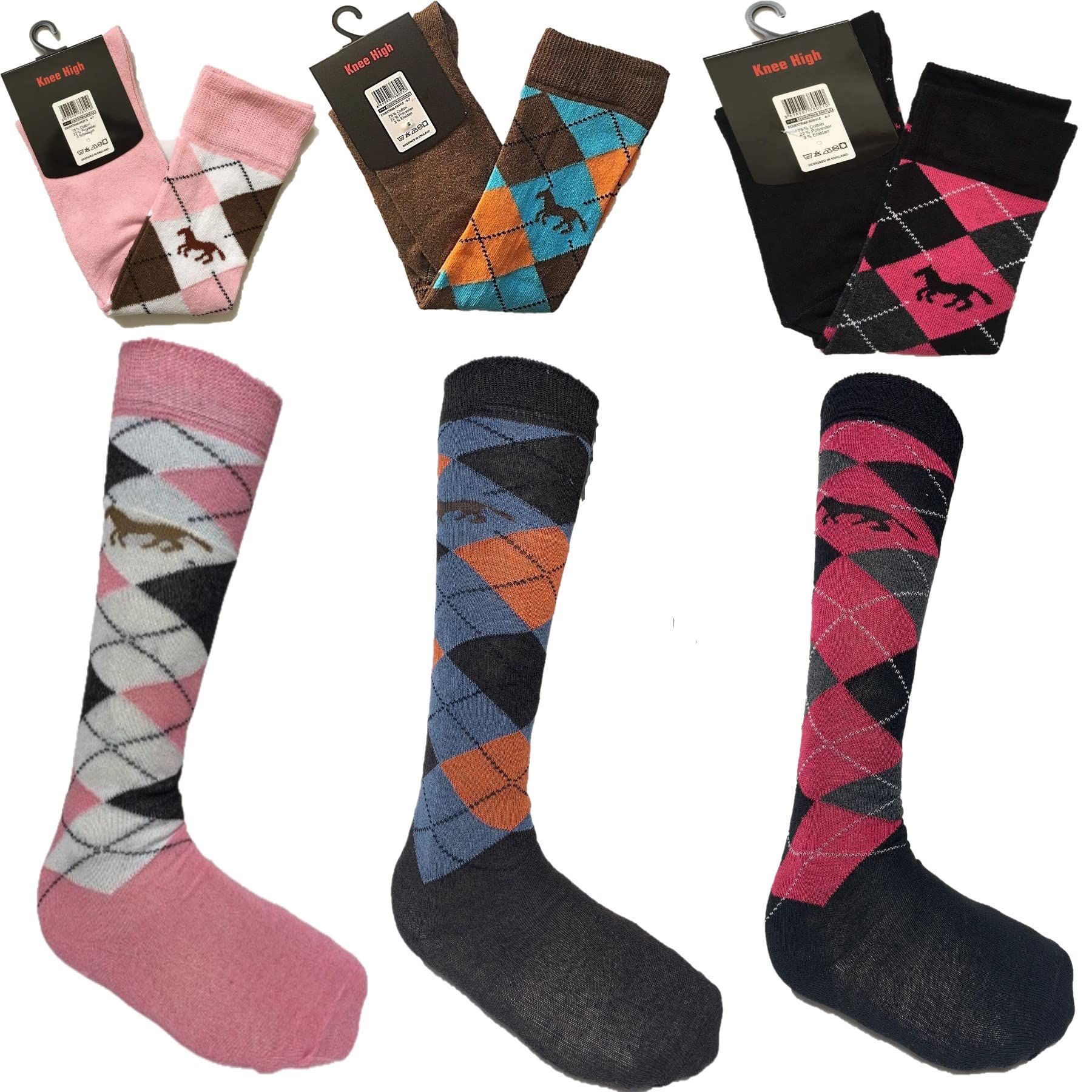 Vearz Women's Assorted Horse Design Argyle Socks Knee High Horse Riding 3 Pairs Socks Uk 4-7
