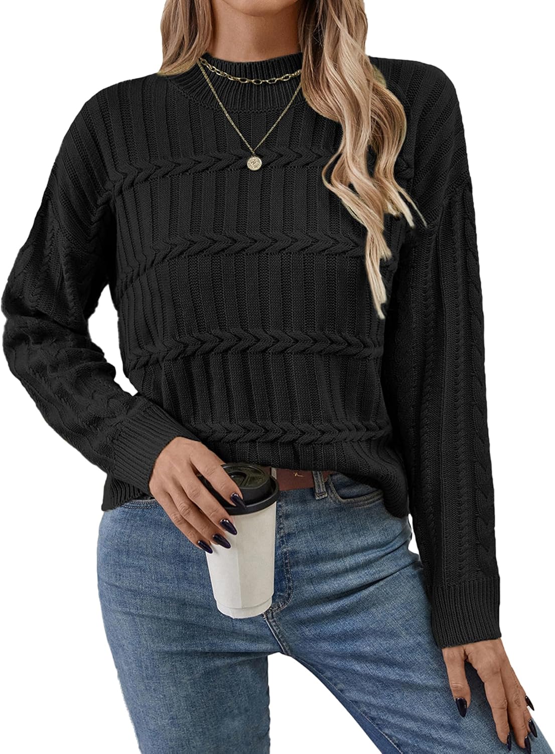 Womens Casual Cute Cable Knit Cropped Mock Neck Long Sleeve Pullover Sweater Spring 2025