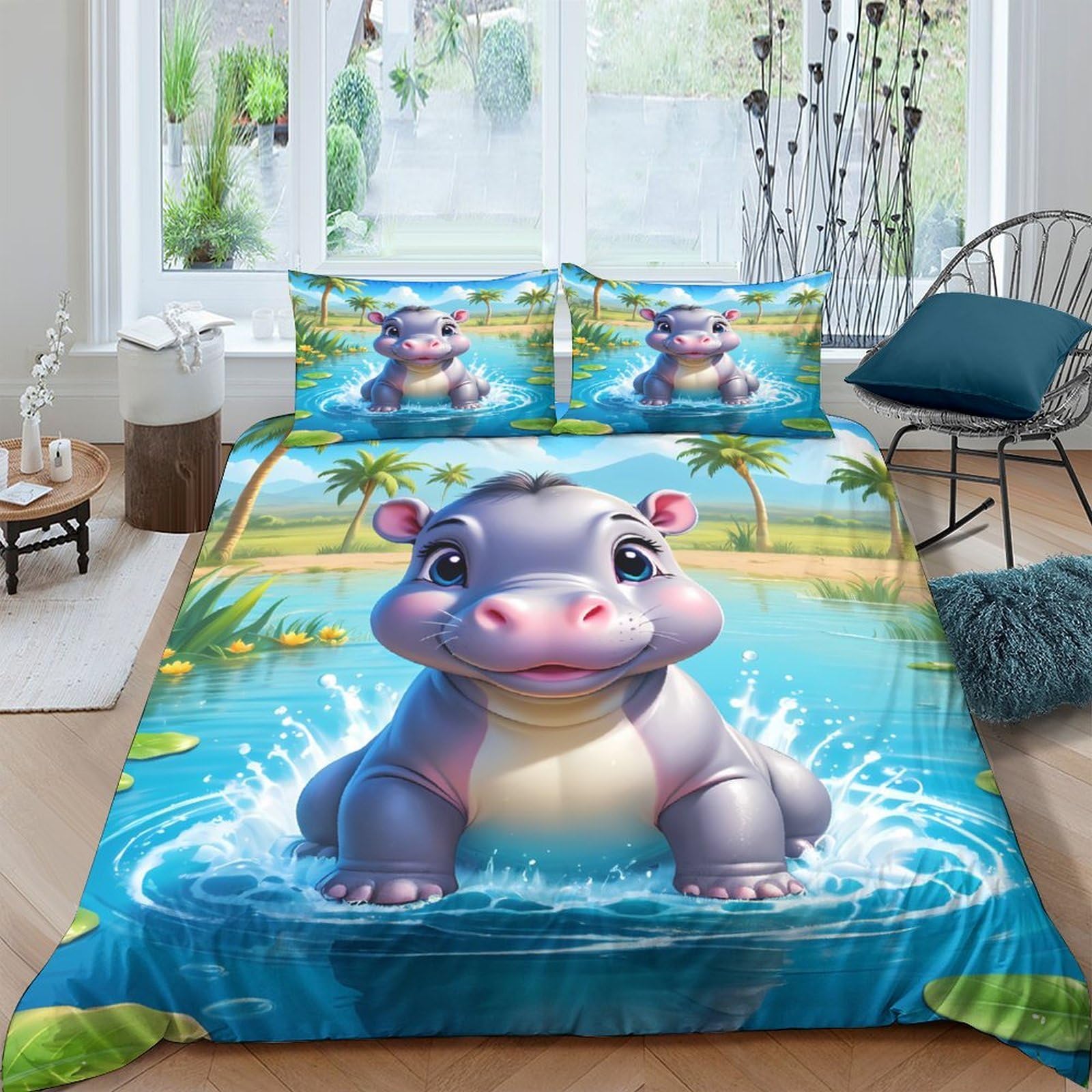 Ctjqhvkz Style-9 3D Printed Cute Hippo Fitted Sheet Microfiber Soft Blue Lake Bed Cover For Bedroom Guest Room Mattress Protection Decor Single（135X200cm）