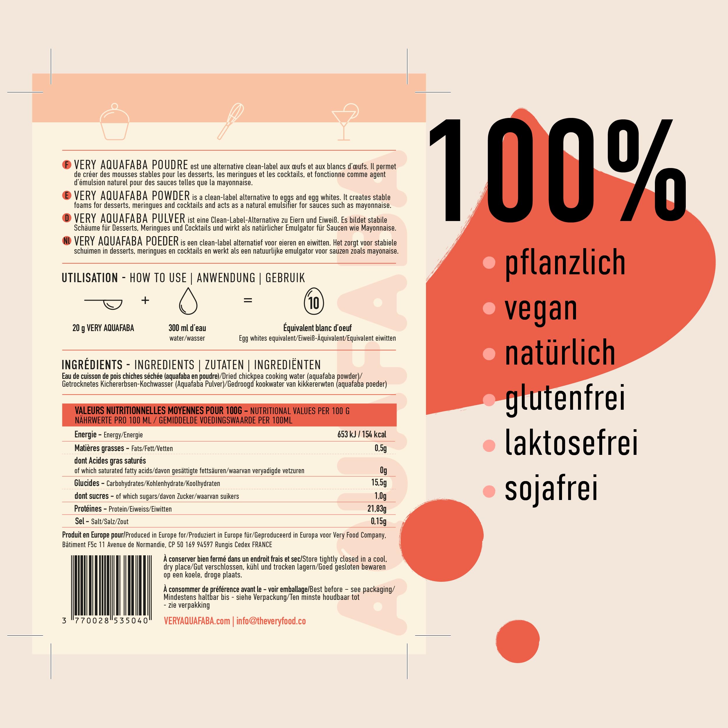 the VERY food co. Aquafaba Pulver aus getrocknetem Kichererbsenwasser 200g - 100% natürlich & vegan - Eiweißersatz zum Kochen, Backen, für Cocktails - Pulver Eiersatz für die gehobene Küche