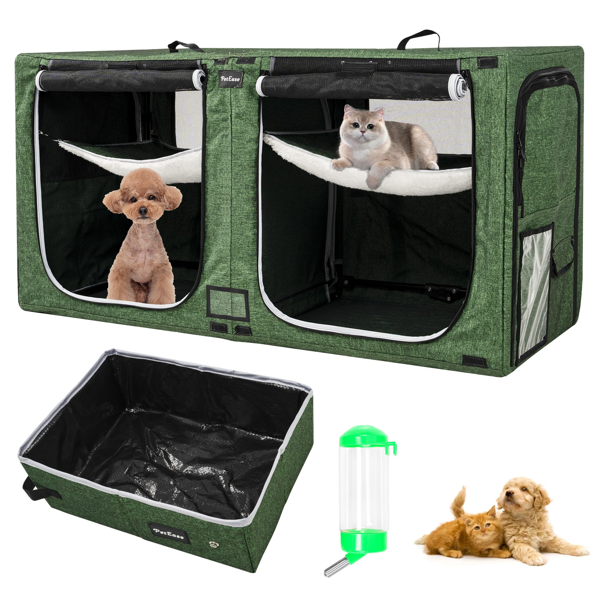 Huge Sapce Double Compartment Cat Carrier with Litter Box & Homack | Cat Show Cage Crate with Mat & Water Bottle