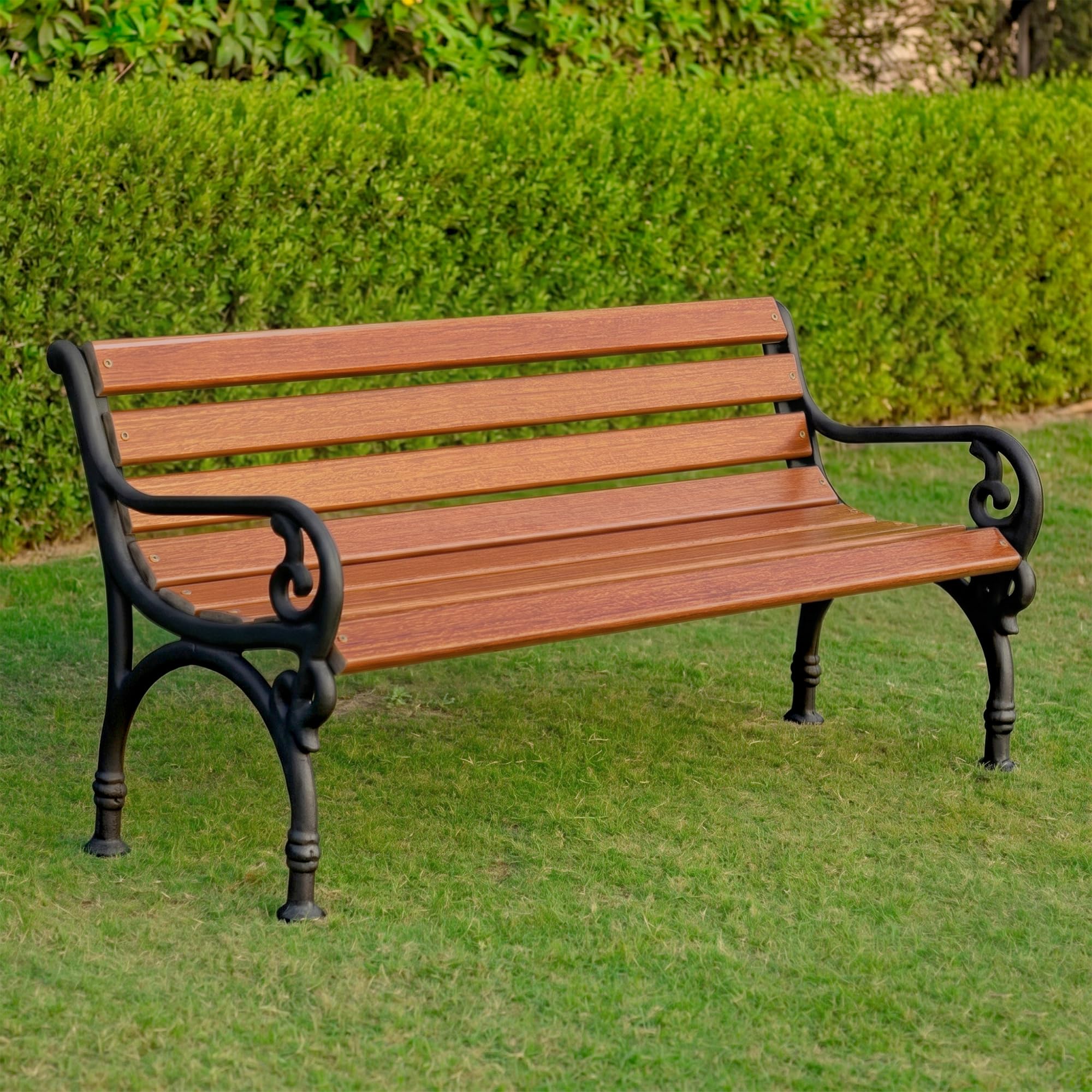 OUTLIVING 3 Seater Cast Iron FRP Garden Bench for Indoor & Outdoor Park/Patio/Living Room/Terrace/Balcony (Black + Brown)