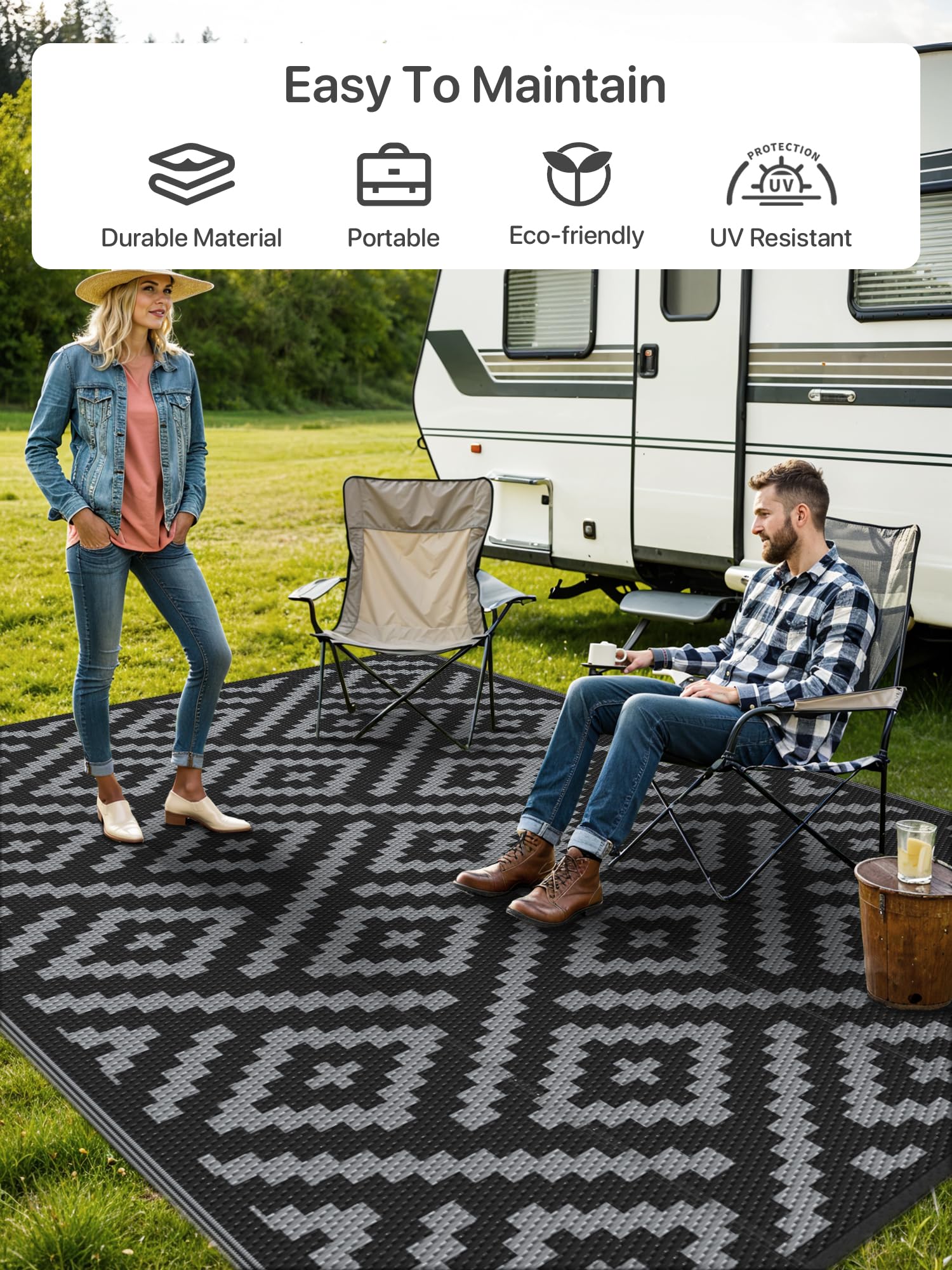 GENIMO GENIMO Outdoor Rug 6x9 Waterproof, Reversible Mats, Outdoor Area Rug, Plastic Straw Rug, Geometric Rv Mat for Patio Camping Rv Picnic Backyard Deck Balcony Porch Beach Trailer (Black & Grey) in use