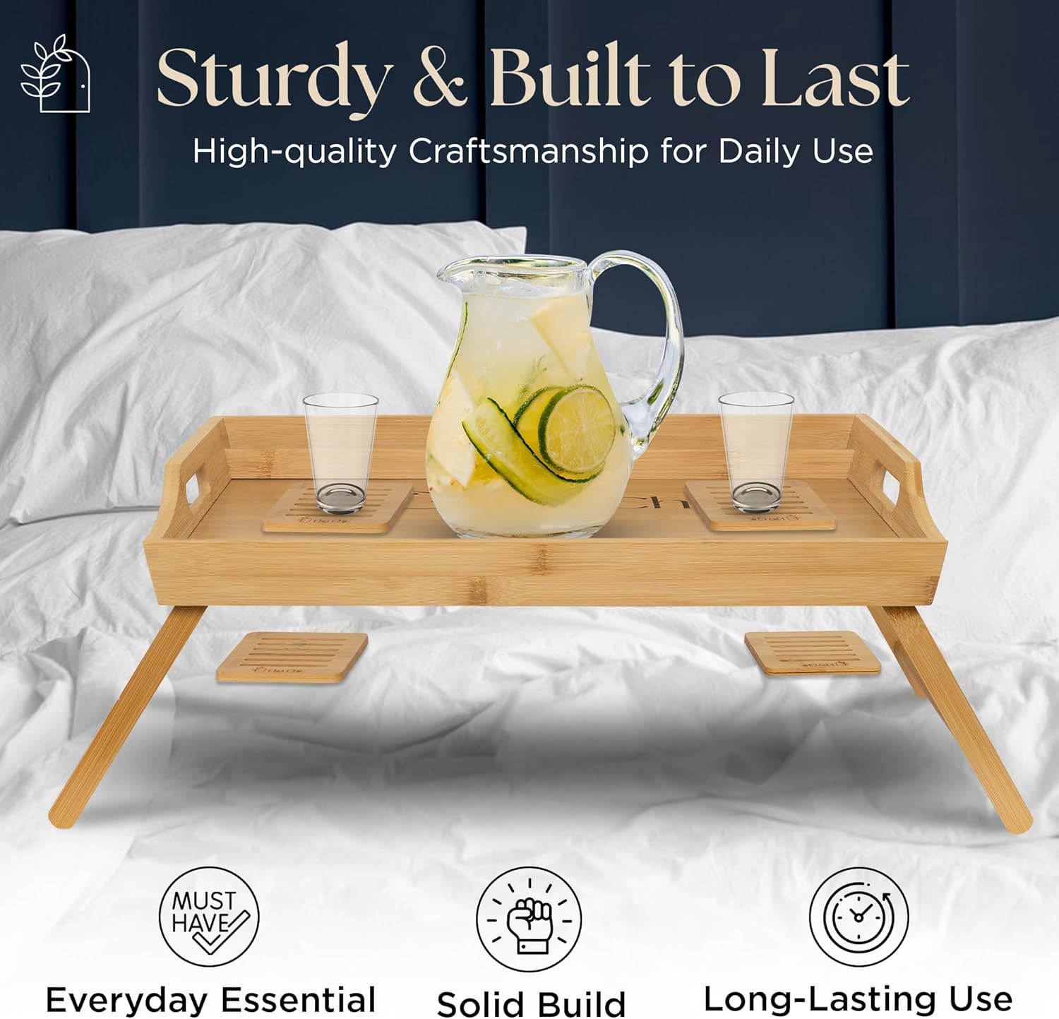 EKOCHIC Table with Foldable Legs & Coasters | Large Bamboo Table for Eating Breakfast Also Laptop - Durable & Stylish Wooden Lap Table for Bedroom, Easy to Clean Food Tray for Bed & Couch