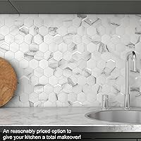 Vista 4 de VAOVI Peel and Stick Backsplash Tile,Backsplash Tile for Kitchen Peel and Stick Wall Panels Hexagon Marble Tile(White Silver,5pcs)