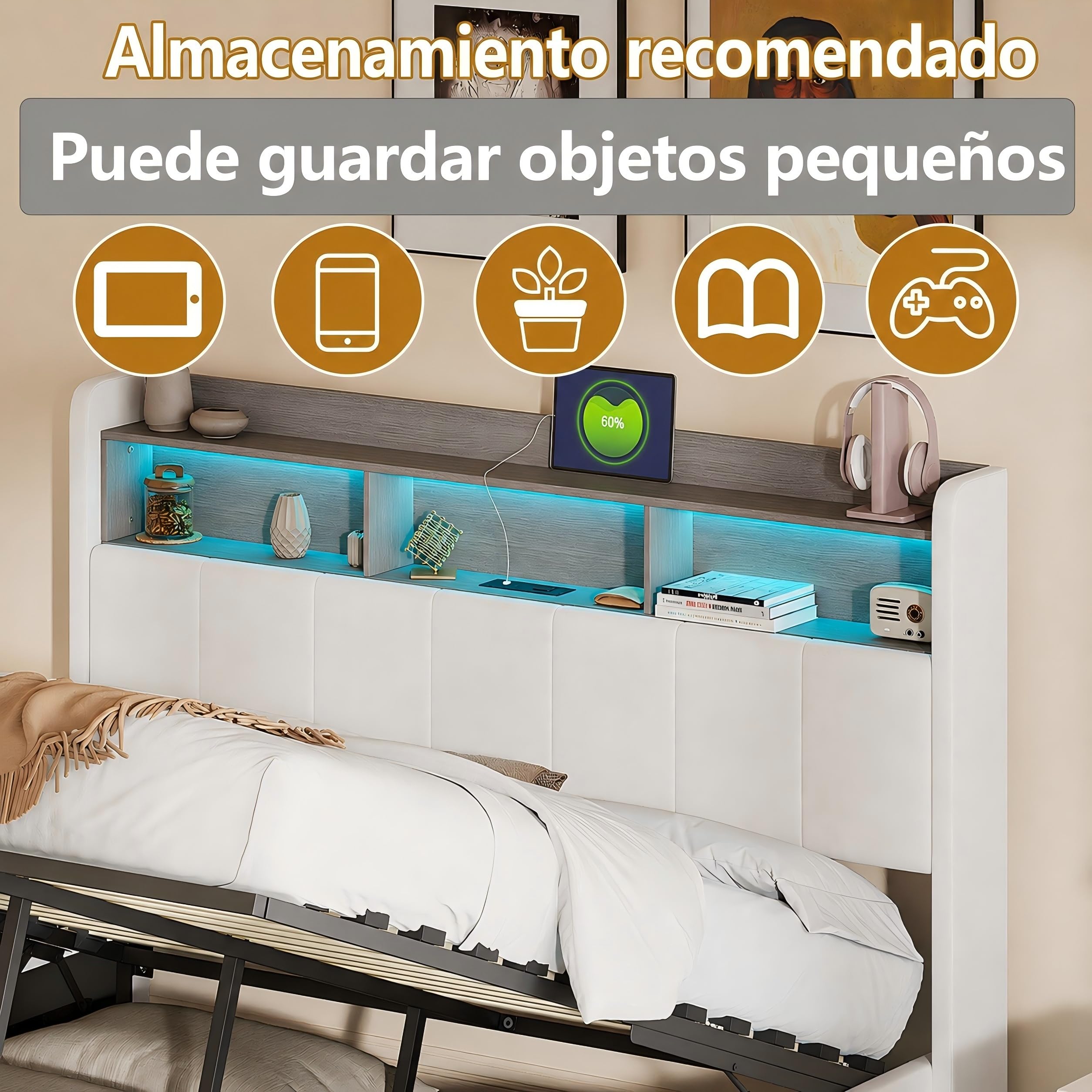 Cama tapizada de 140 x 200 cm con espacio de almacenamiento hidráulico, cama doble con LED y estación de carga USB, cama juvenil de 140 x 200 cm, marco de cama con somier, cama de