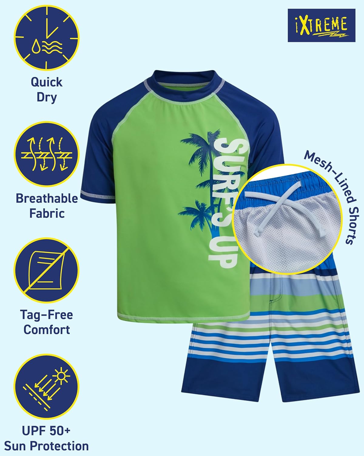 iXtreme Boys Swim Set - 2 Piece Rash Guard Short Sleeve Swim Shirt and Boys Swim Trunks for Infants Toddlers & Big Boys