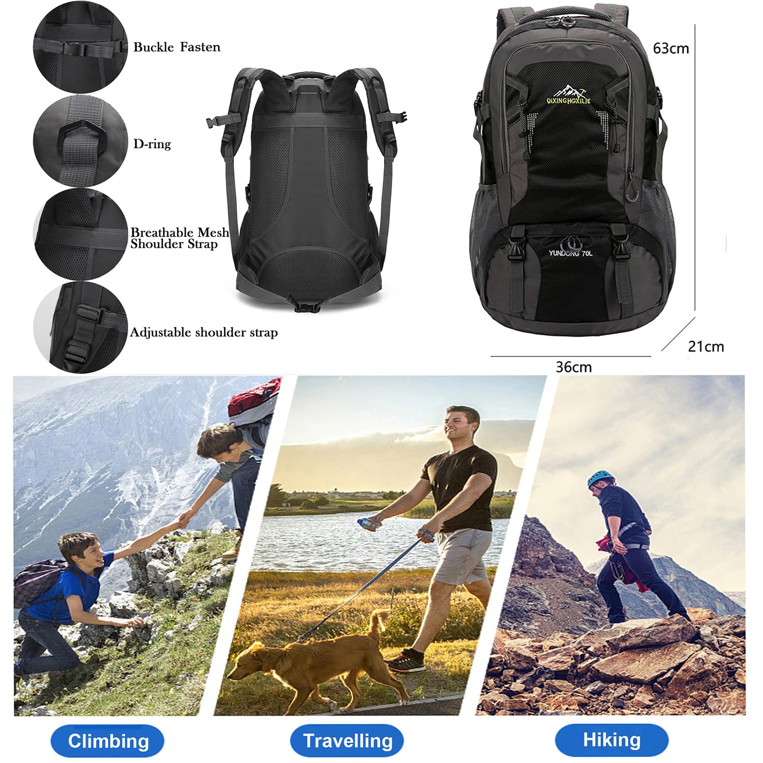 Grand sac à dos de randonnée imperméable de 70 L pour homme et femme - Sac à dos de voyage léger - Noir - Pour sports de plein air, randonnée, cyclisme, escalade, alpinisme