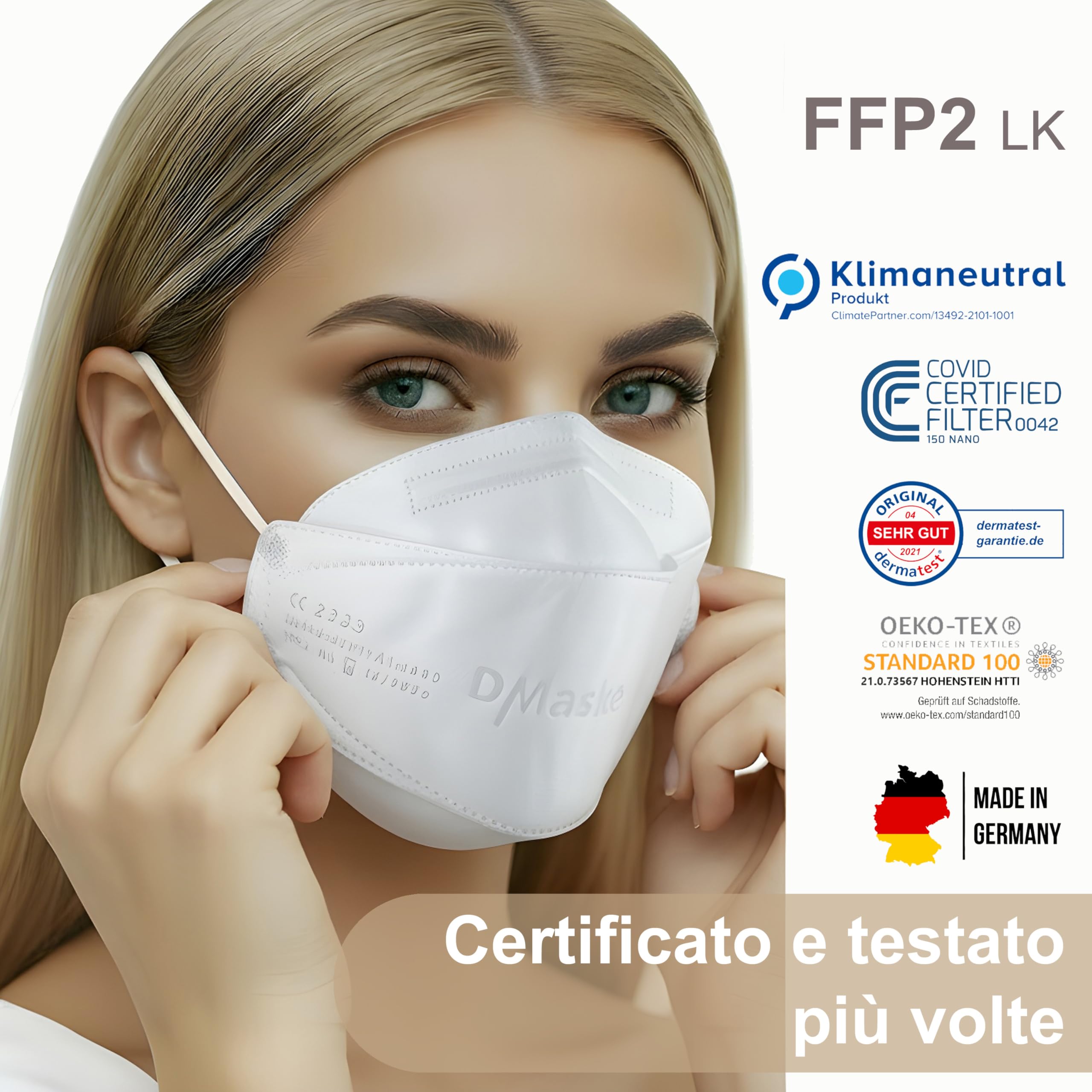 Mascherine FFP2 Certificate CE Made in Germany, Conformi alla Normativa EN149:2001+A1:2009, Certificate DEKRA CE 0158, 5 strati BFE ≥99%, Imbustate Singolarmente
