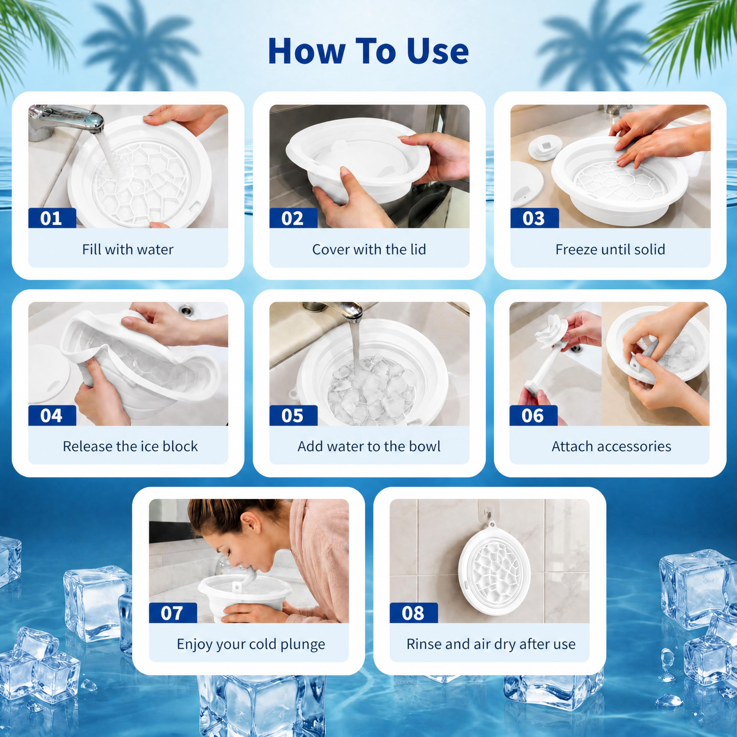 Collapsible Silicone Face Ice Bath Bowl with Breathing Tube and Ice Tray