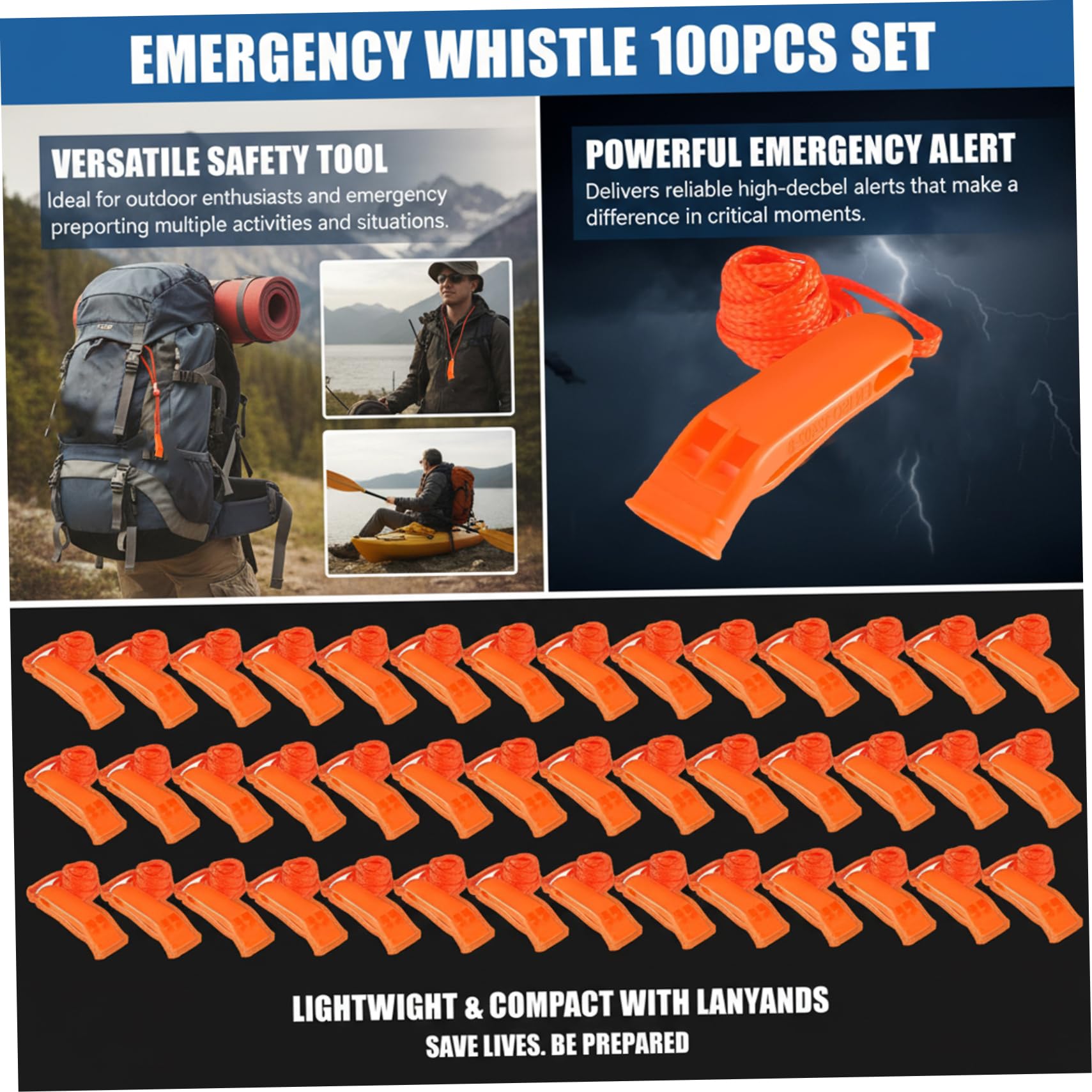 Fischietto d'emergenza 100 Pezzi Fischietto di Sicurezza in plastica Rumoroso con Attrezzatura di Sopravvivenza con Cordino per Kayak, Barca da Pesca, Campeggio, Escursionismo, Caccia, sopr