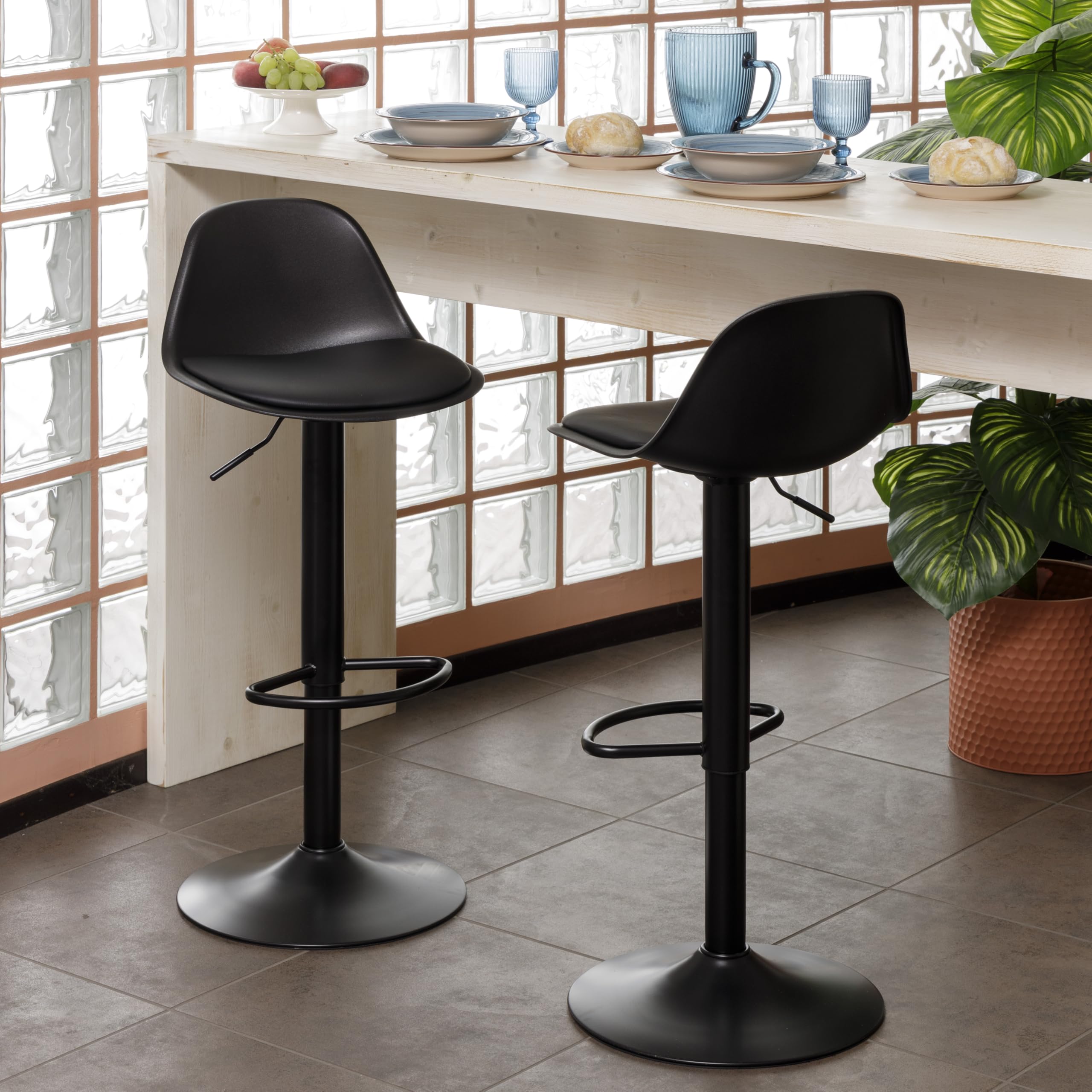 Baroni Home Sgabello Girevole con Schienale e Cuscino, Altezza Regolabile e Poggiapiedi, Fondo Antigraffio, Ideale per Sala da Pranzo, Ristorante, Nero, 1 Pezzo, 40x40x80-104 cm