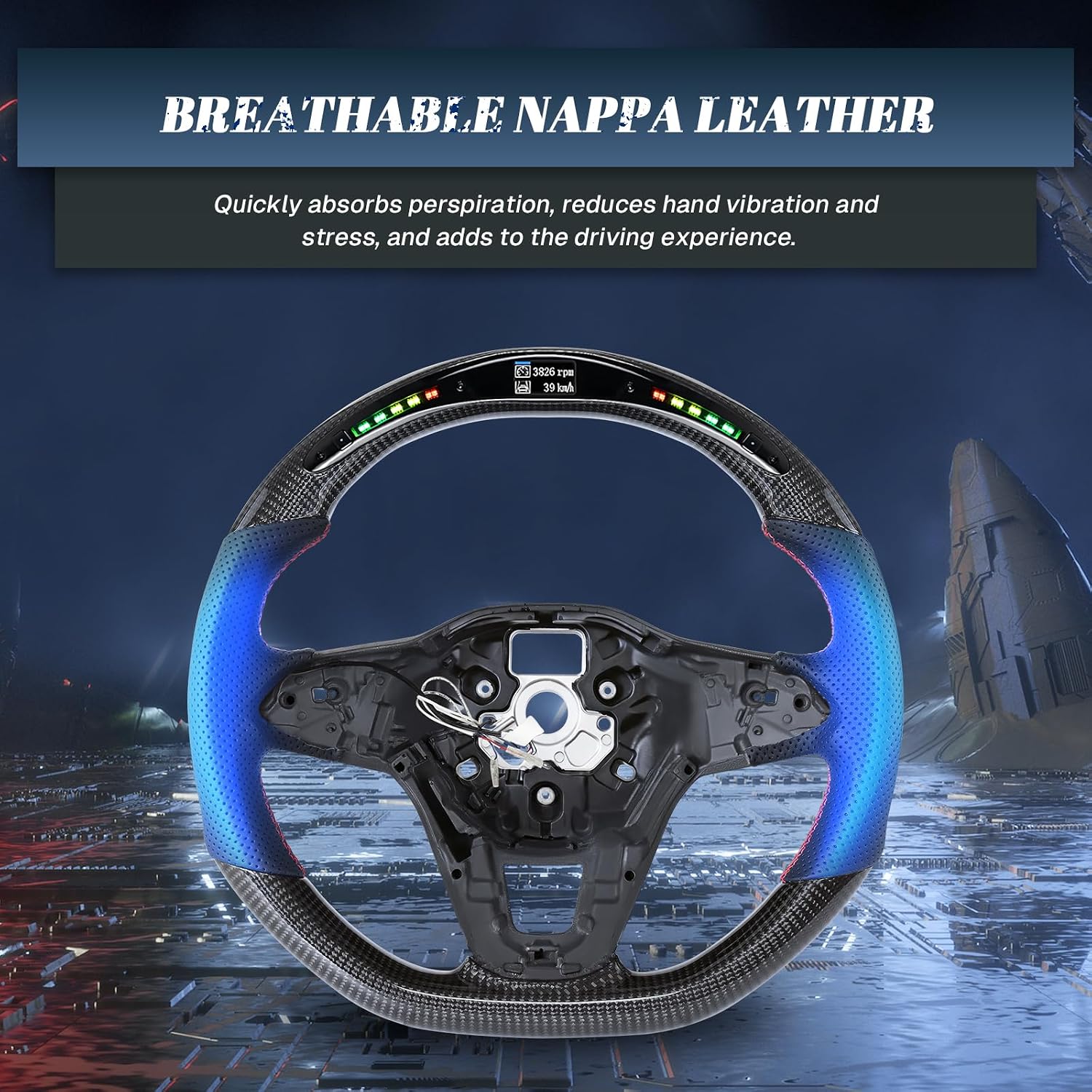 Real Carbon Fiber Steering Wheel D-shaped with LED Shift Indicator Perforated Leather Steering Wheel for VW Transporter for Caddy for TIGUAN MK2 for Polo mk6 for ARTEON 2020-2024