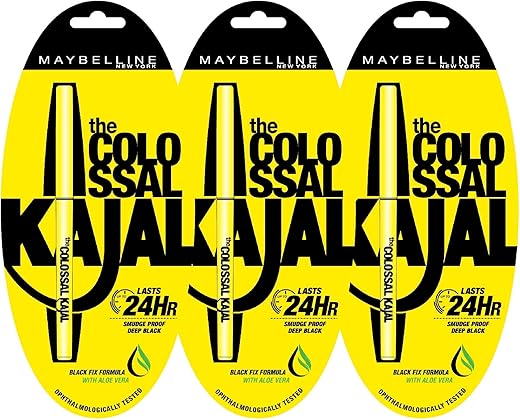 Maybelline New York Colossal Kajal Pencil, Black, Combo Pack Of 3, Matte Finish