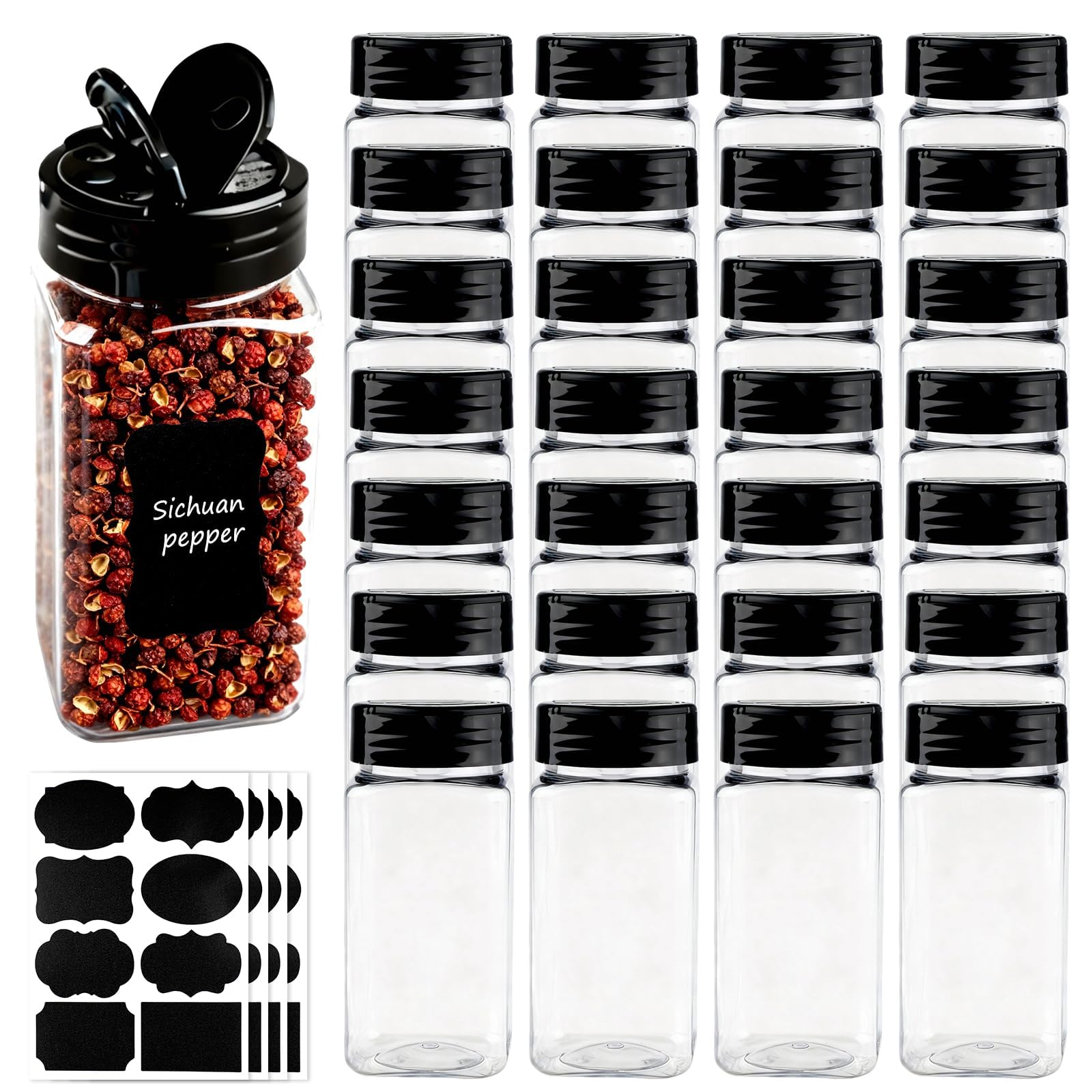 28 barattoli per spezie in plastica da 255 ml, con coperchio nero, ricaricabili, per spezie, erbe, barbecue, rubs, spezie, organizer da cucina