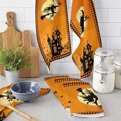 Miniatura 3 de Paquete de 2 toallas de cocina y paños de cocina, gato negro Jack-O'-Lanterns Haunted House Midnight Bats Graves de 18 x 28 pulgadas, toallas de