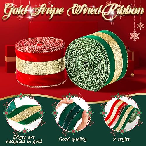Miniatura 3 de 2 rollos de cinta brillante de Año Nuevo de 10 yardas x 2.5 pulgadas con borde dorado con alambre dorado a rayas doradas, cinta de envoltura con