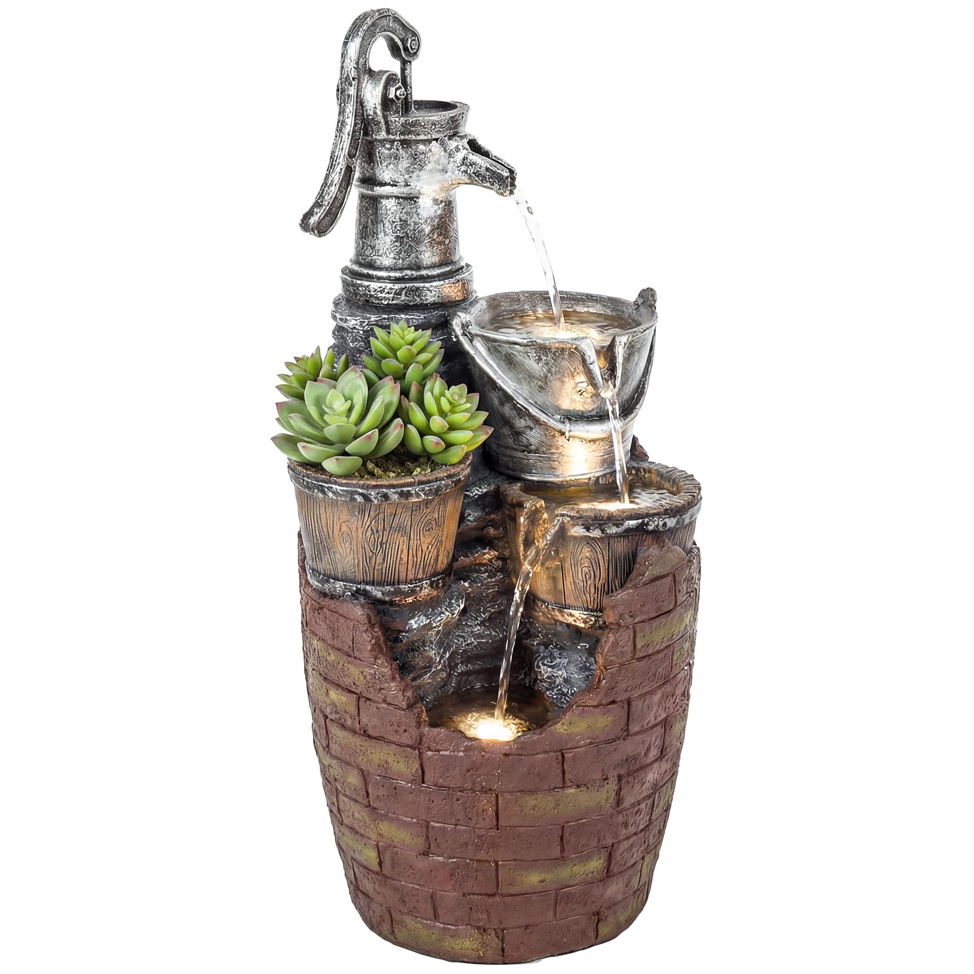 Outsunny Springbrunnen 4-stufig rustikal Gartenbrunnen mit LED Beleuchtung Pflanzkübel Pumpe, Verstellbar Zimmerbrunnen Terrassenbrunnen Wasserspiel Zierbrunnen für Garten Rasen 34 x 31 x 76 cm