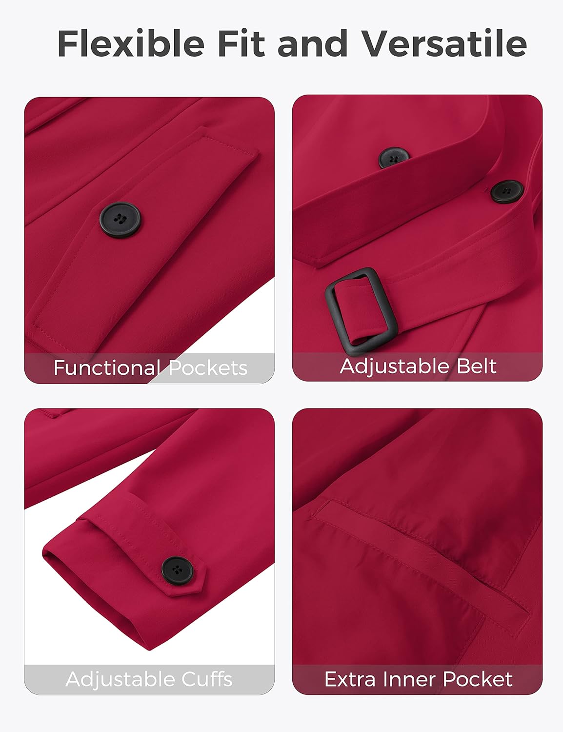 wantdo Women's Plus Size Trench Coat Double-Breasted Waterproof Lapel Overcoat Stylish Pea Coat with Detachable Hood - Image 6